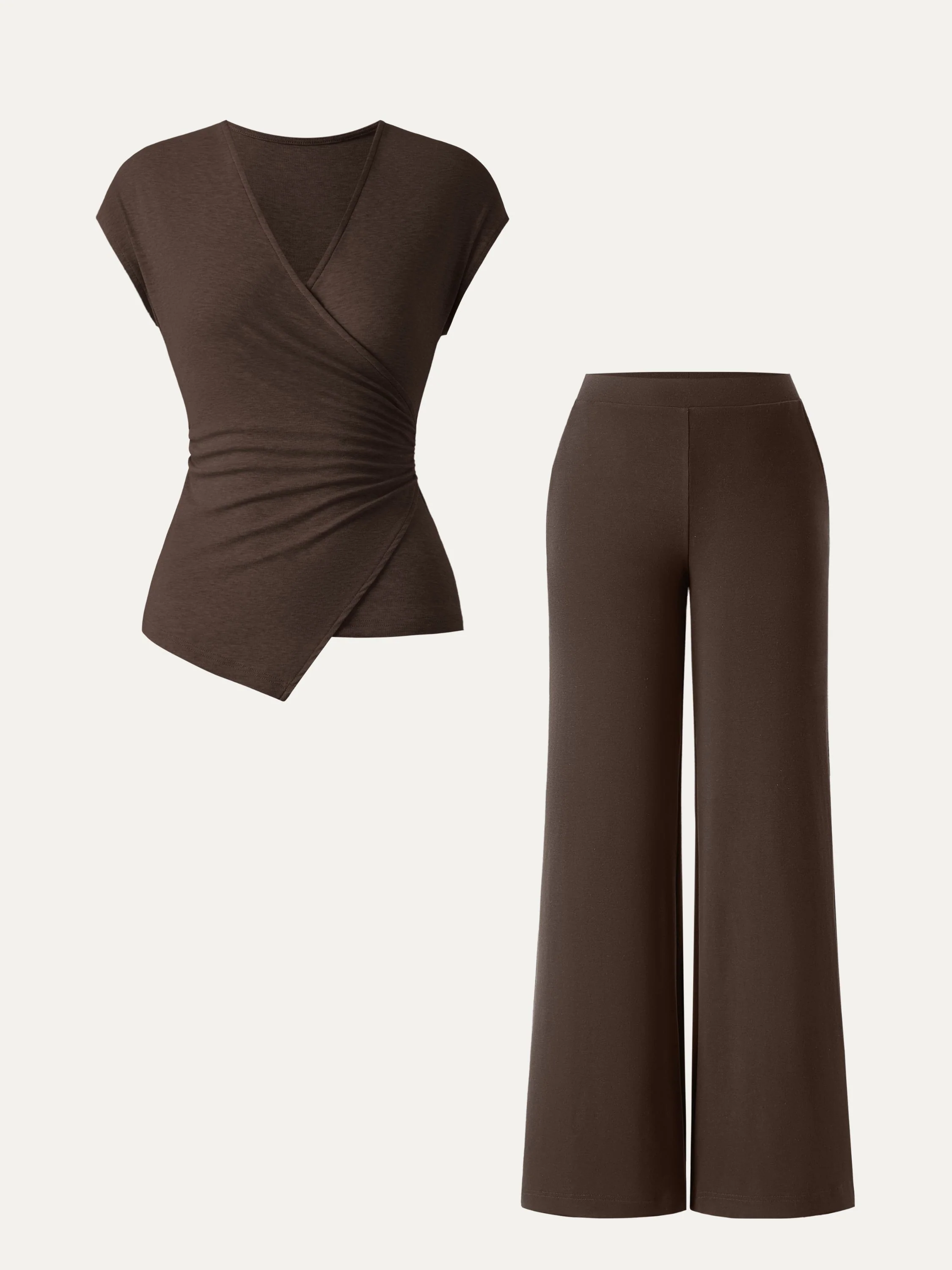 2Pcs Set Lyocell Wool Surplice Cap Sleeve Top & Mid Rise Wide Leg Pants with Pockets