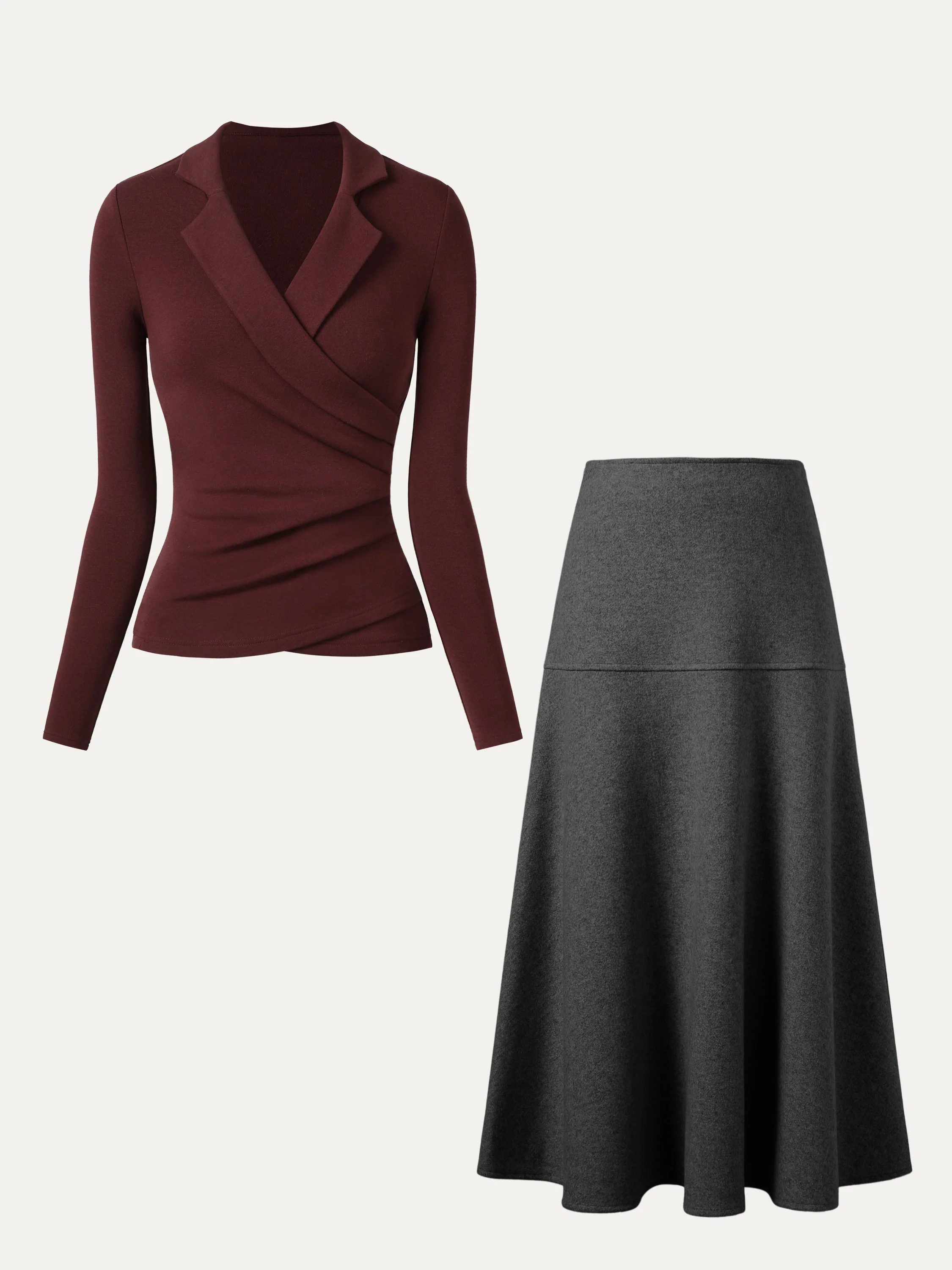 2-Piece Set: Collared Surplice Top and Flared Maxi Skirt