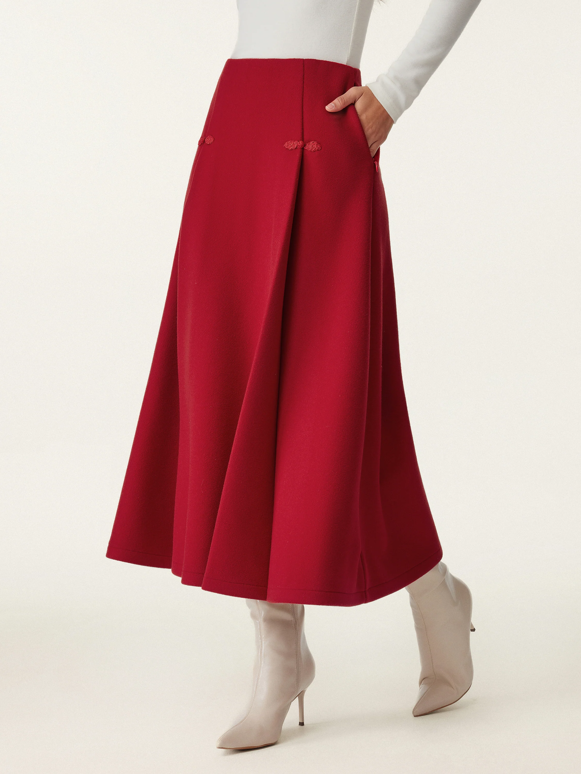 Wool-like Frog Button A-Line Midi Skirt