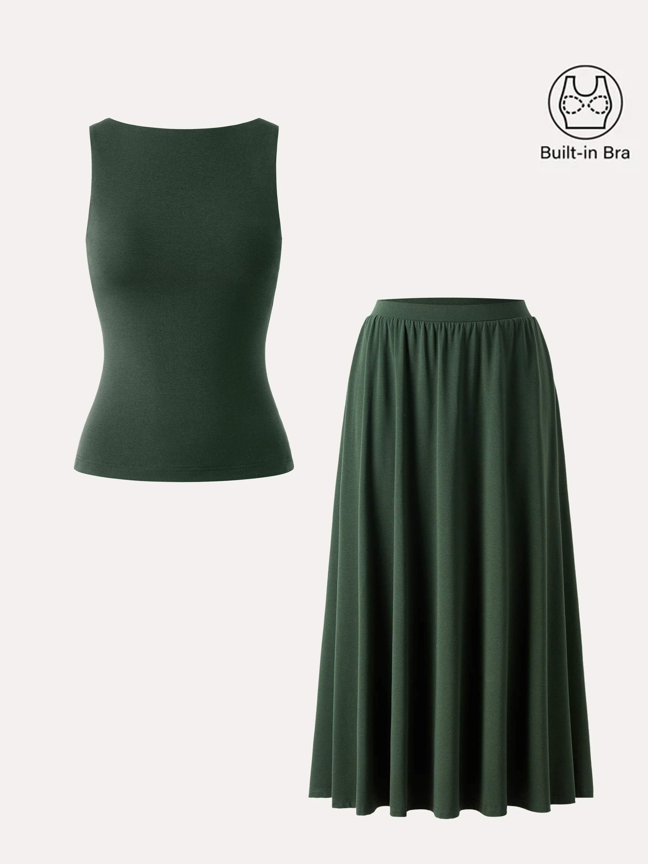 2Pcs Set Stretch Cotton Boatneck Brami Tank & Maxi Umbrella Skirt with Pockets