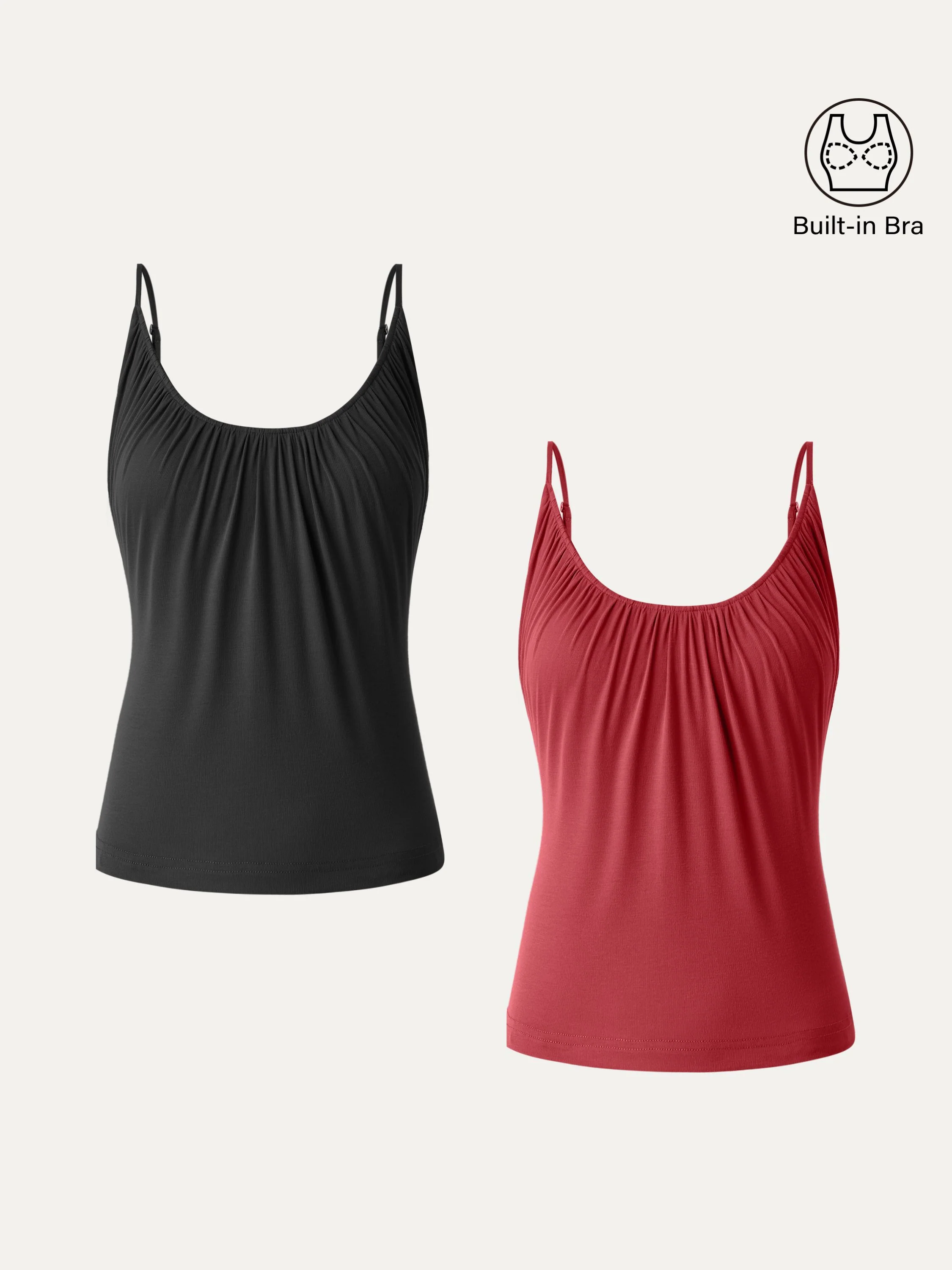 2-Piece Set Hip-Length Scoop Neck Gathered Spaghetti Strap Top