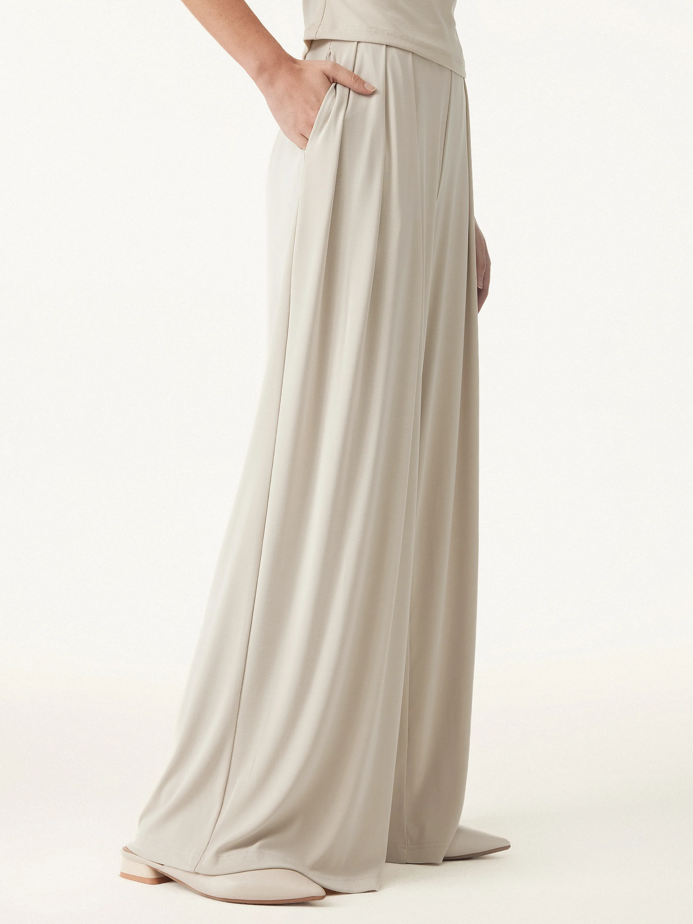 Sand-washed Mid-rise Pleated Wide-leg Palazzo Pants with Pockets