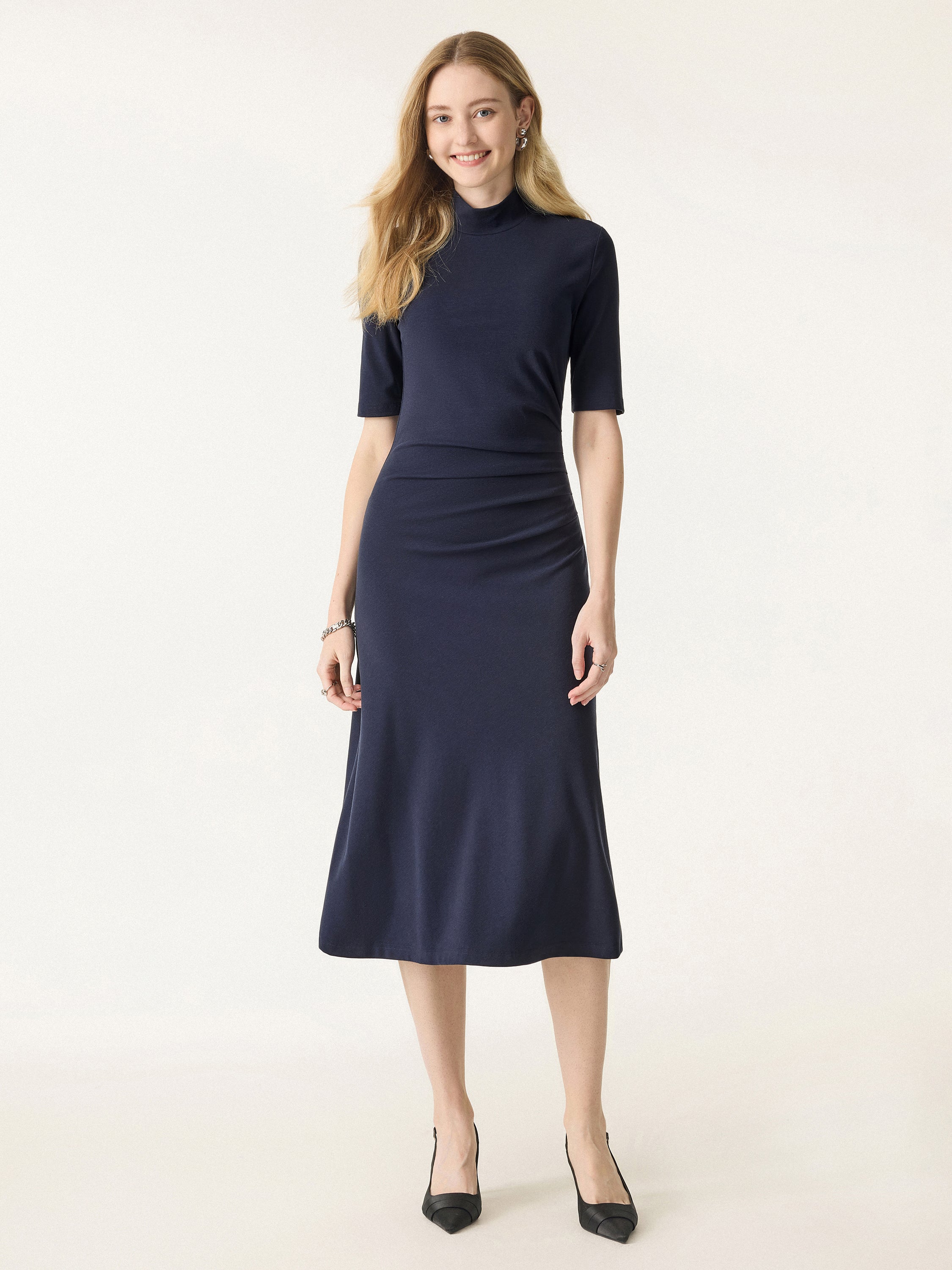 Mock Neck Elbow-Length Sleeve Tucked Mid-Length Dress