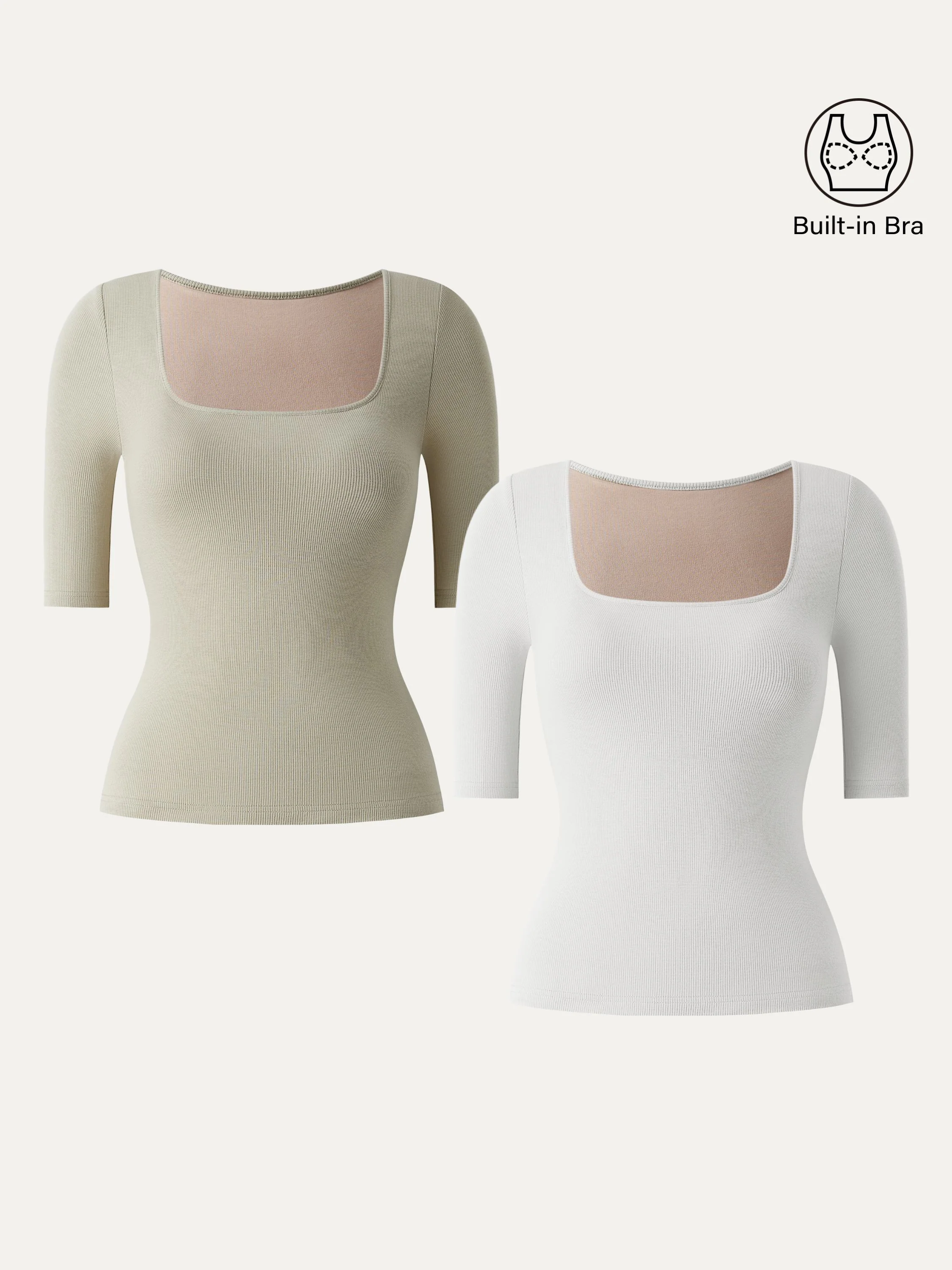 Essential Stretch Cotton Square Neck Elbow Length Sleeve Brami