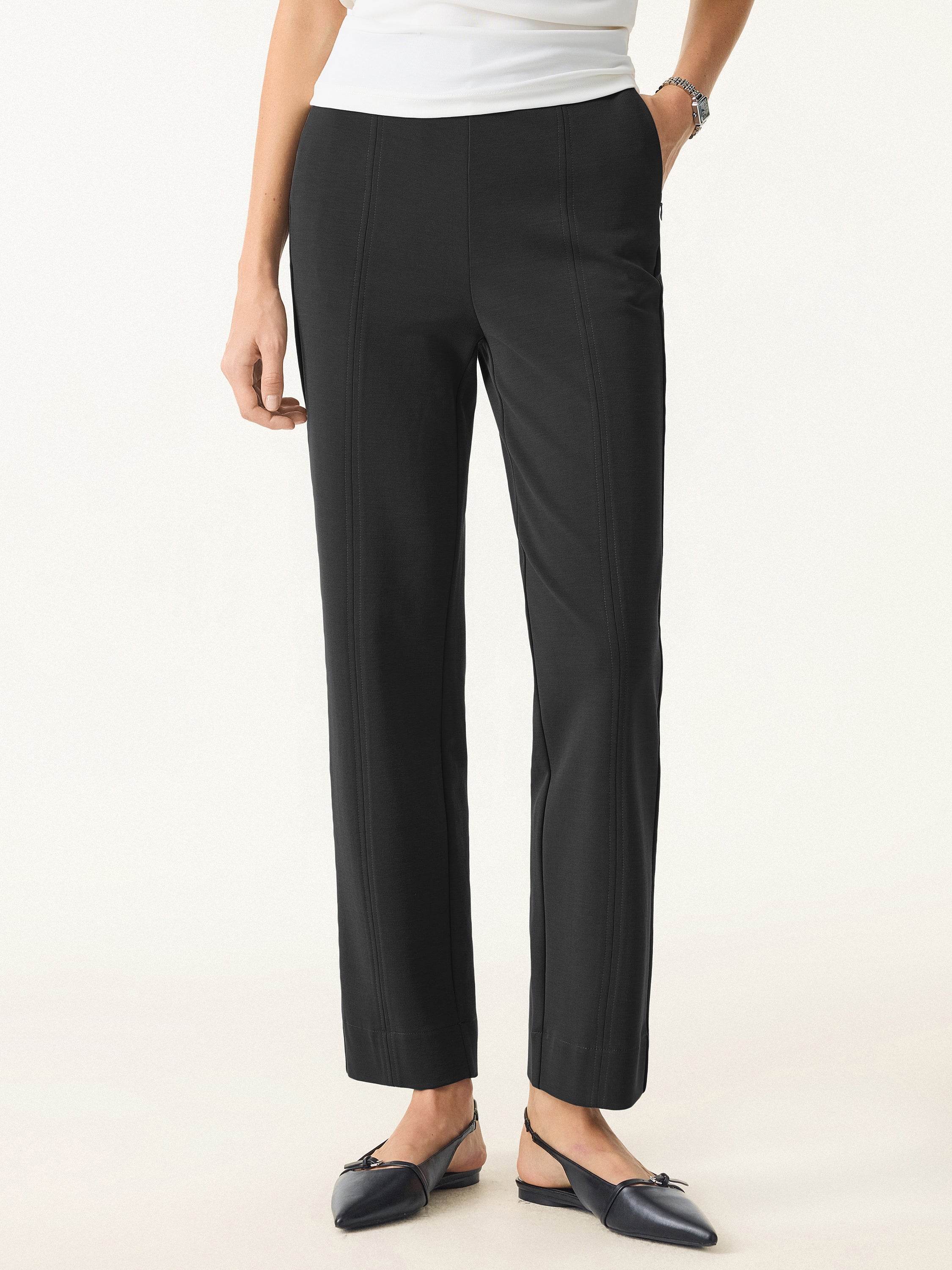 Sandwashed Mid-Rise Slim Straight Pull-On Trousers with Pockets
