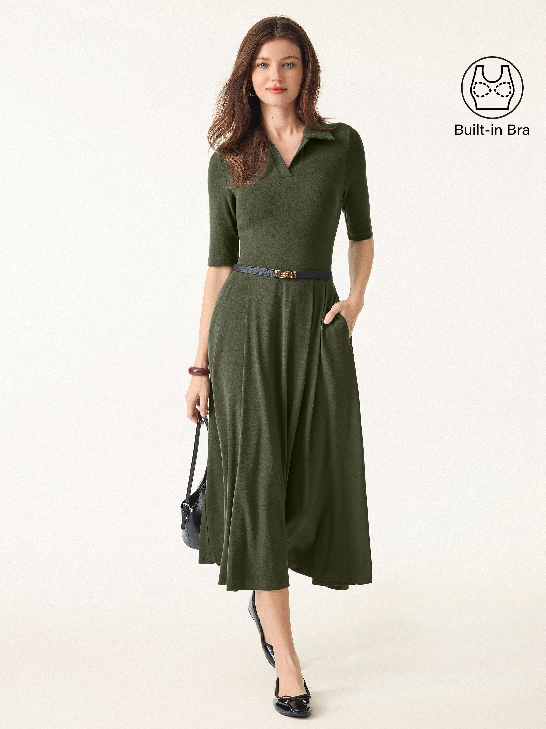 Polo Neck Elbow-Length Sleeve Midi Dress with Pockets
