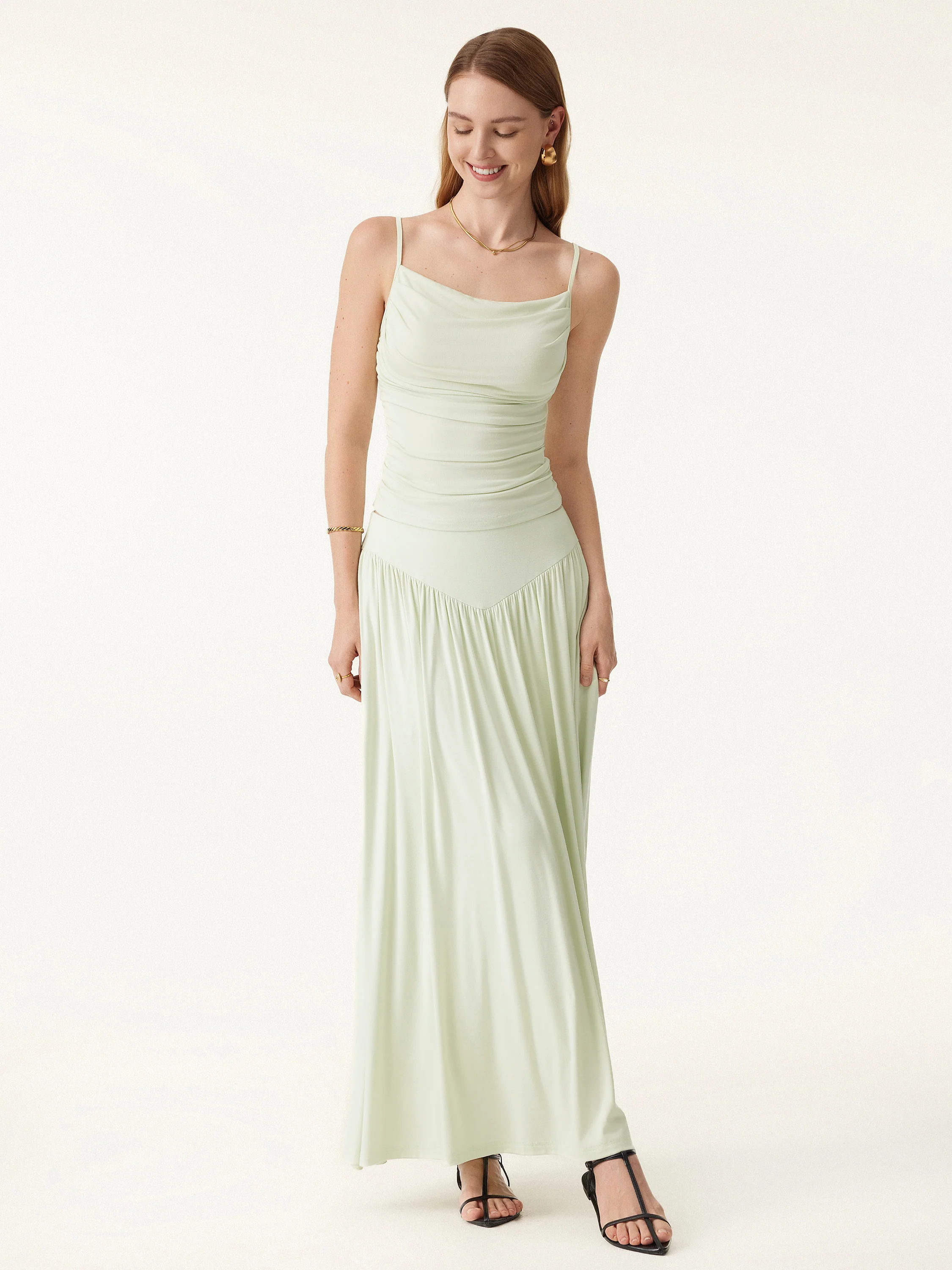 2Pcs Set Adjustable Spaghetti Straps Brami & V-shape Maxi Skirt with Pockets