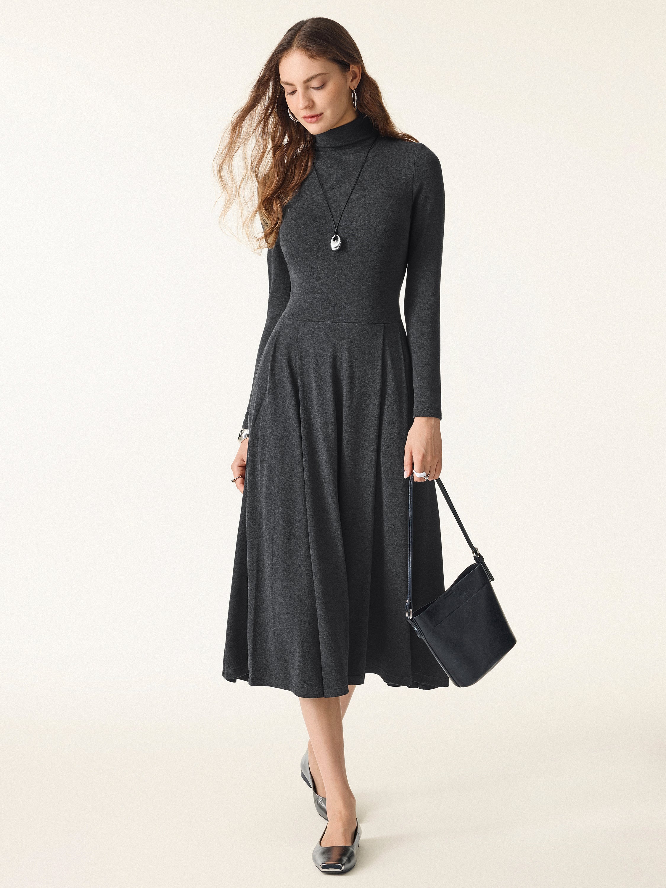 Light Warm Mockneck Pleated Midi Brami Dress with Pockets