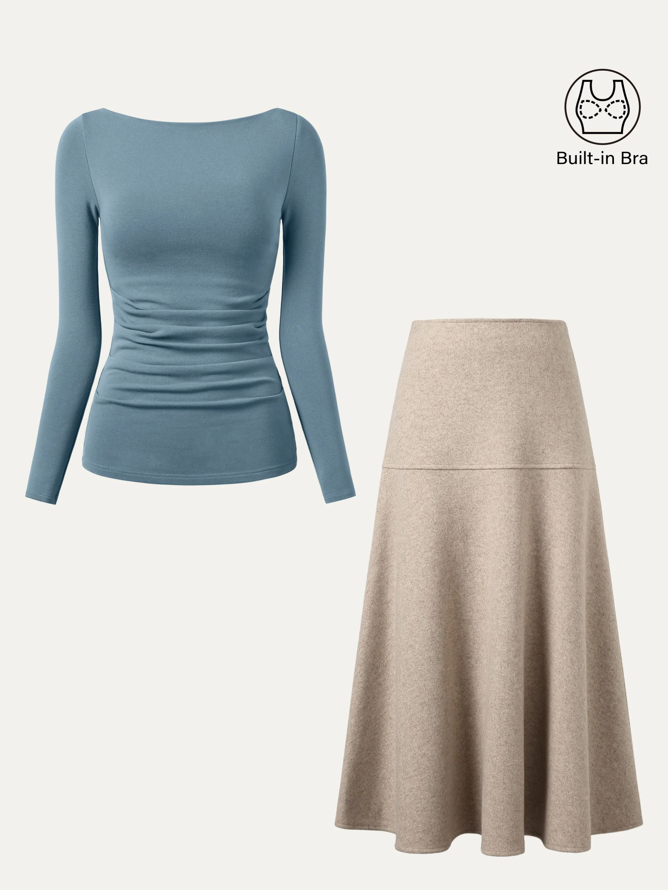 2-Piece Set: Boatneck Tucked Bra Top & Flared Maxi Skirt