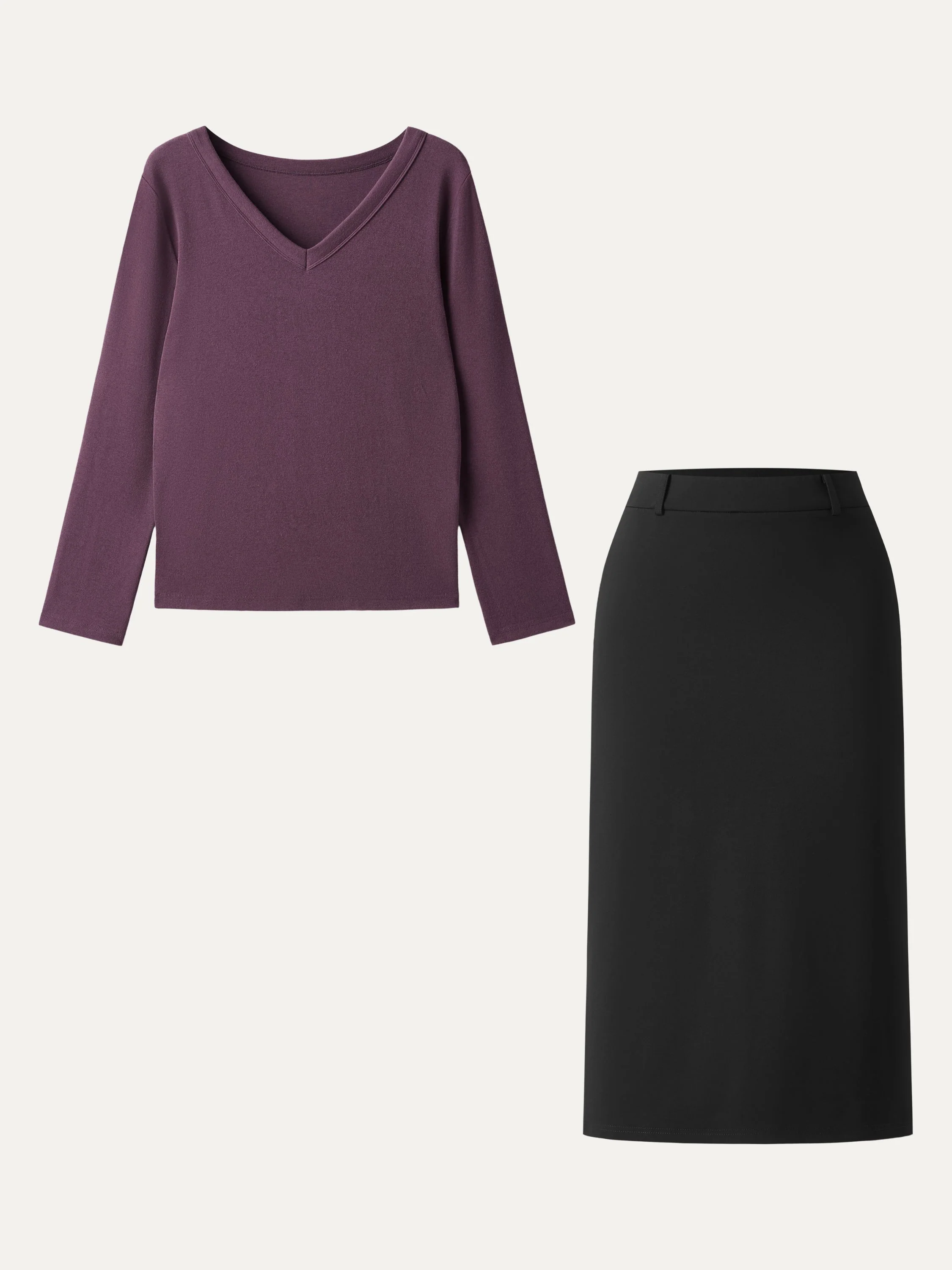 2Pcs Set V-neck Long Sleeve Top & A-line Midi Skirt with Zippered Pockets