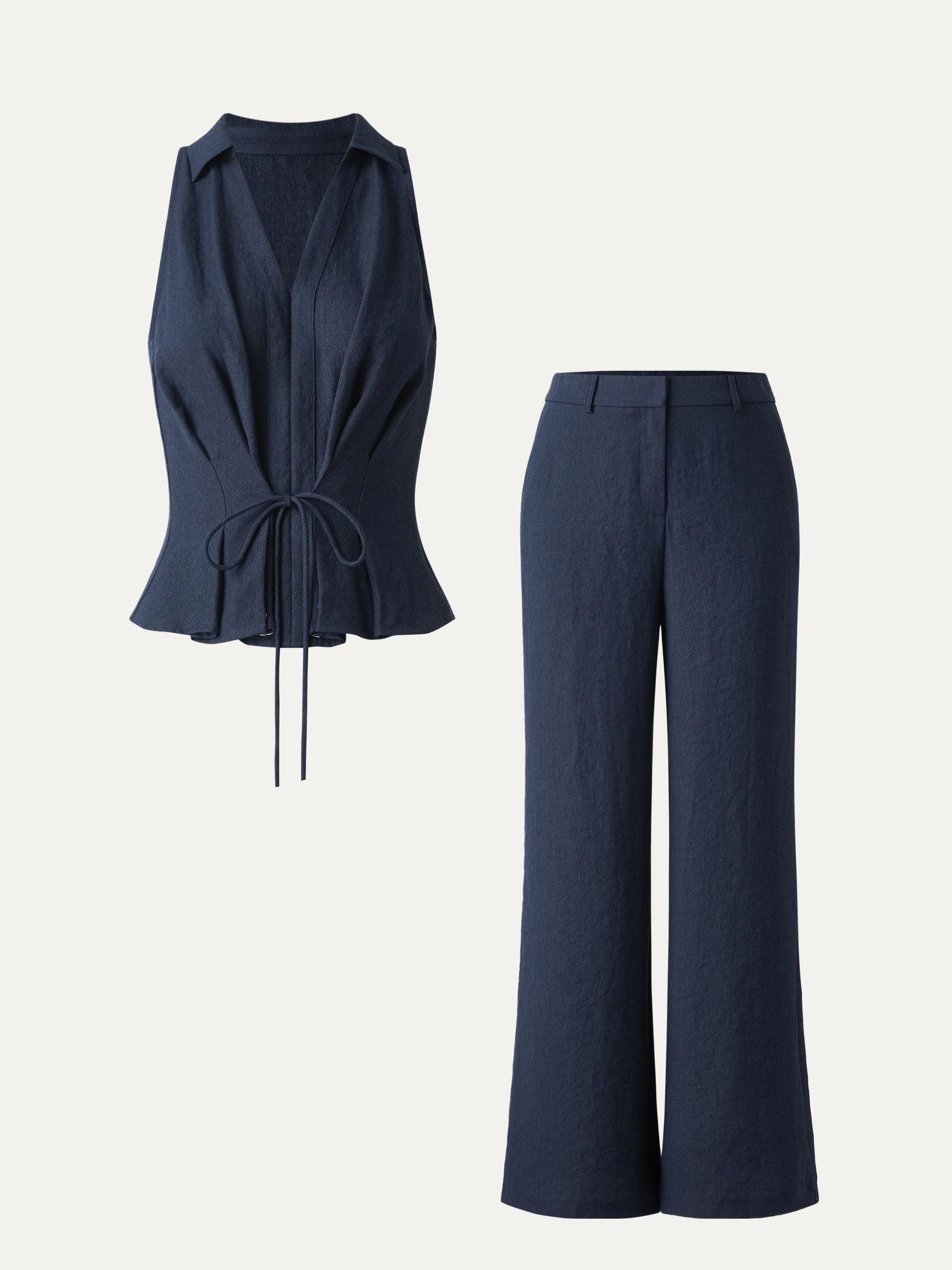 2-Piece Set: Collared V-Neck Sleeveless Top and Mid-Rise Flared Pants with Pockets