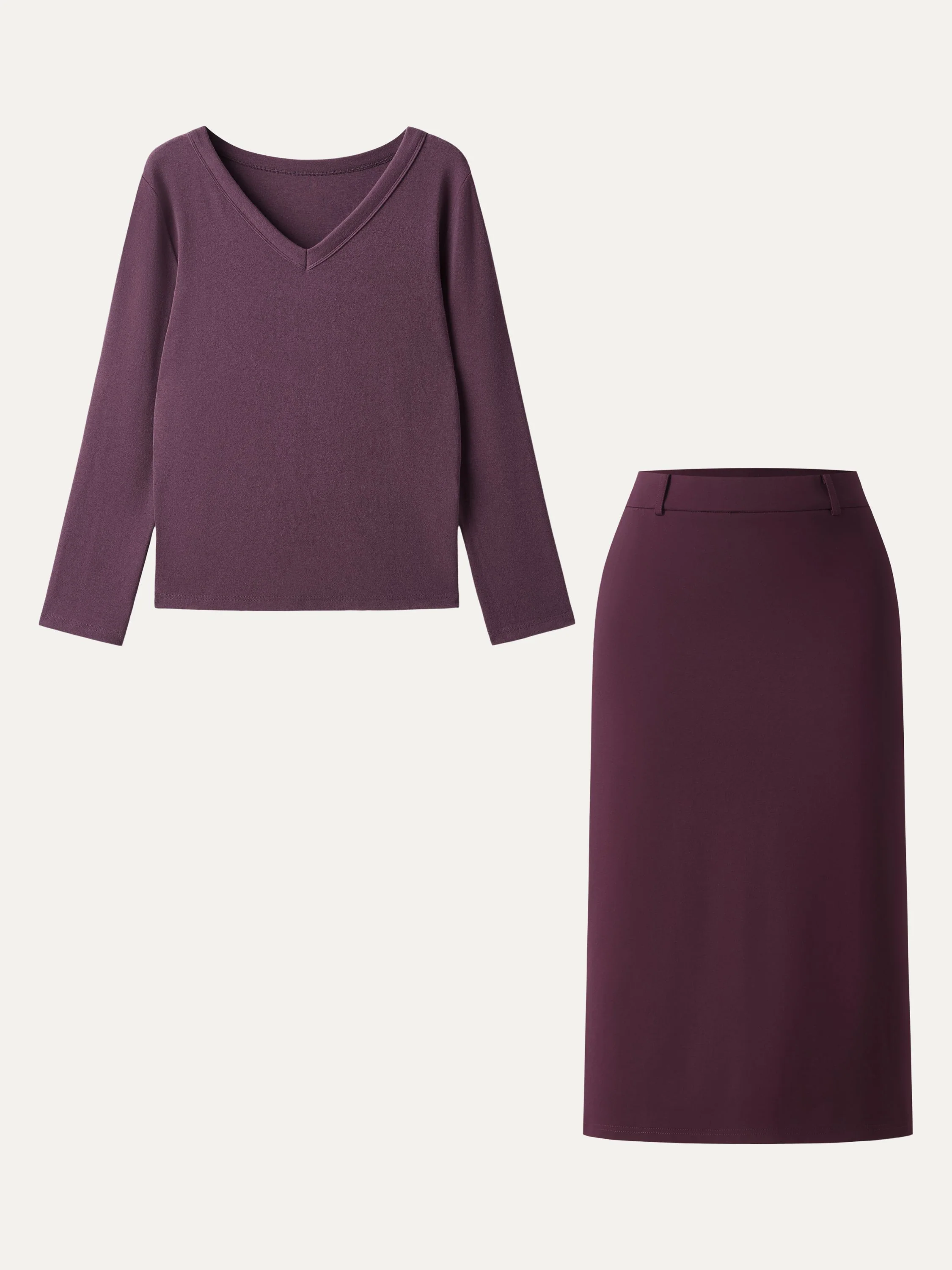 2Pcs Set V-neck Long Sleeve Top & A-line Midi Skirt with Zippered Pockets