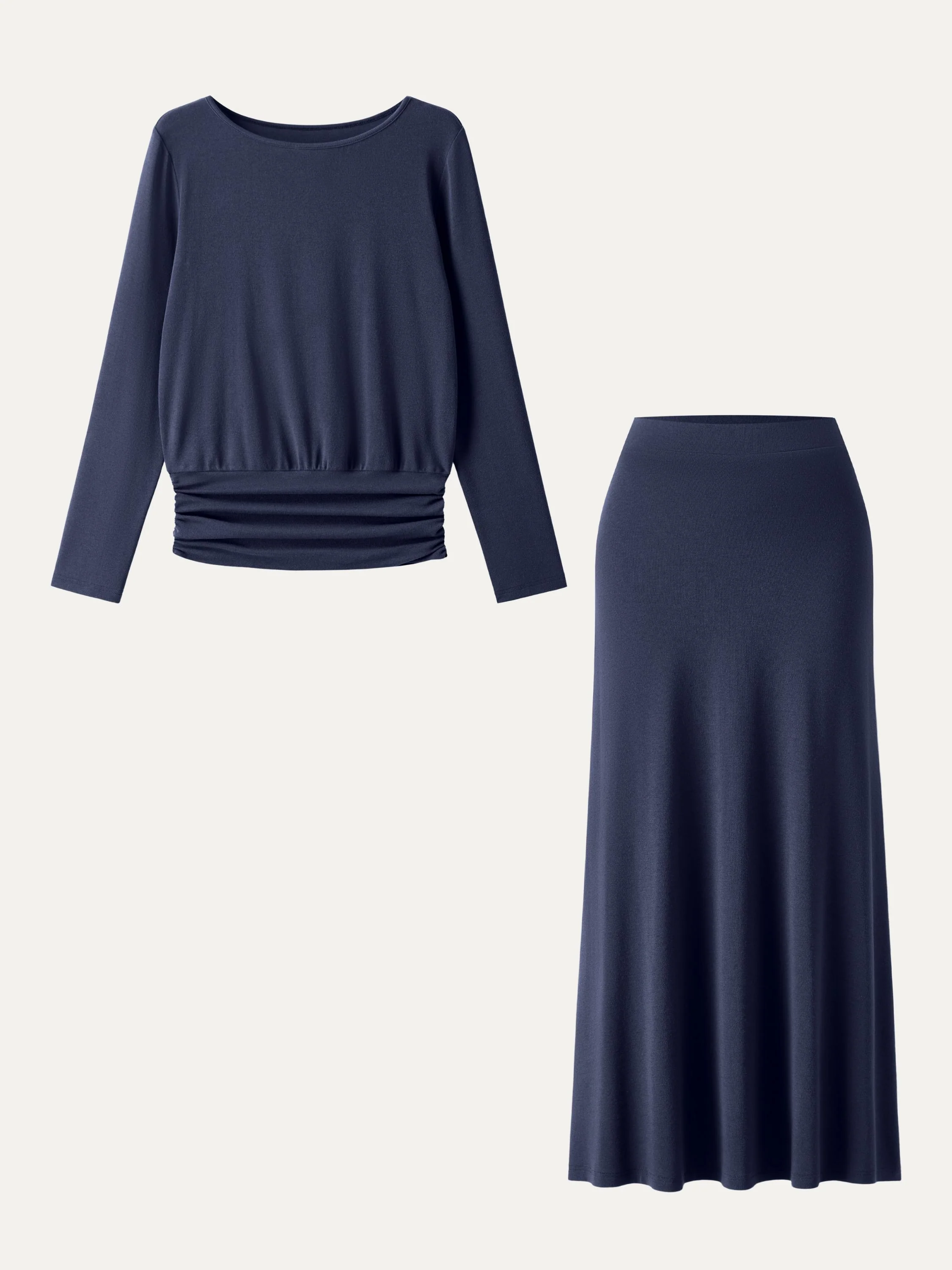 2Pcs Set Light Warm Round Neck Side Ruched Top & Pull-on Circle Flared Maxi Skirt