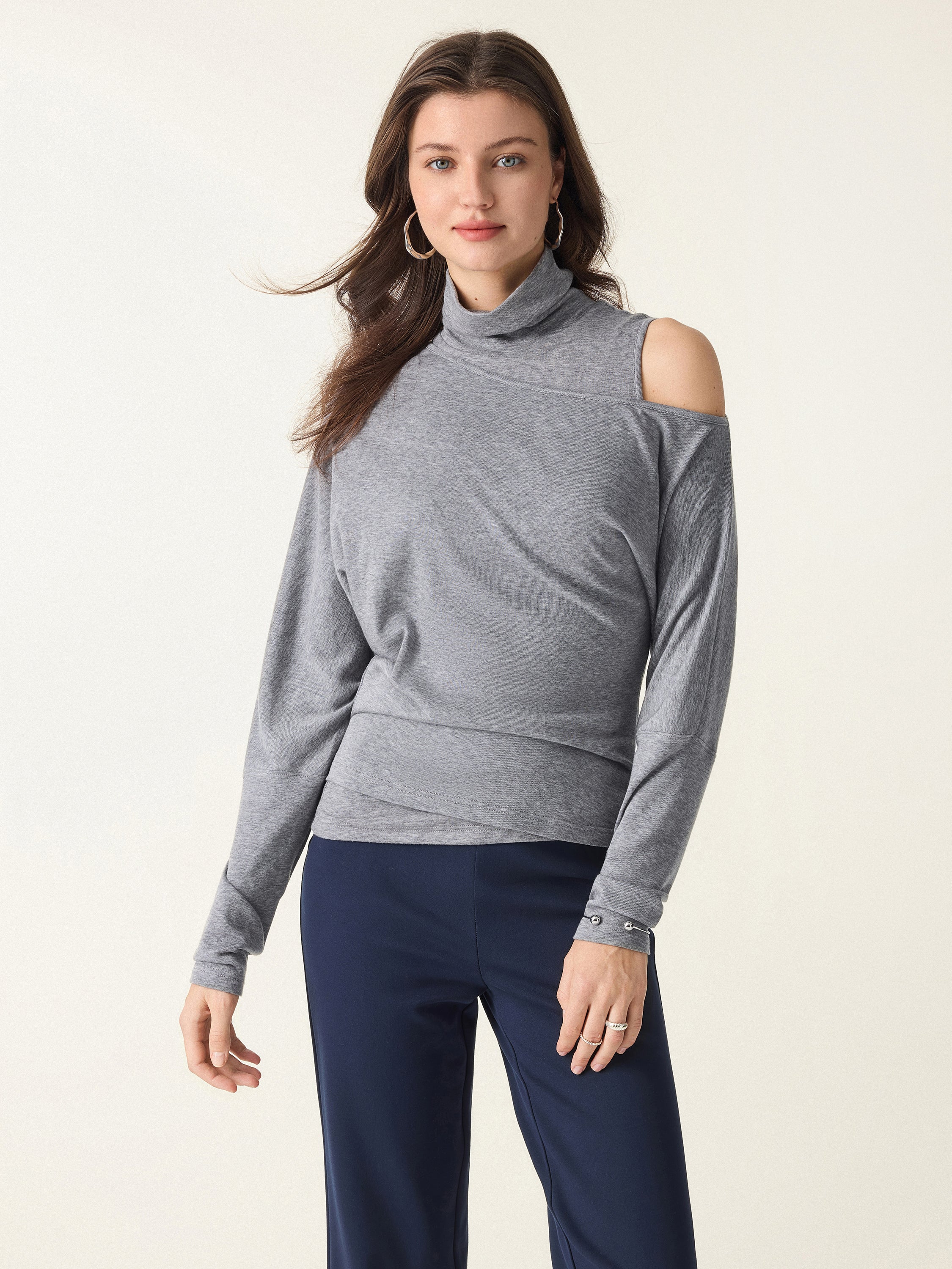 2Pcs Set Lyocell Cashmere Cold-Shoulder Semi-Sheer Top & Turtleneck Brami Tank