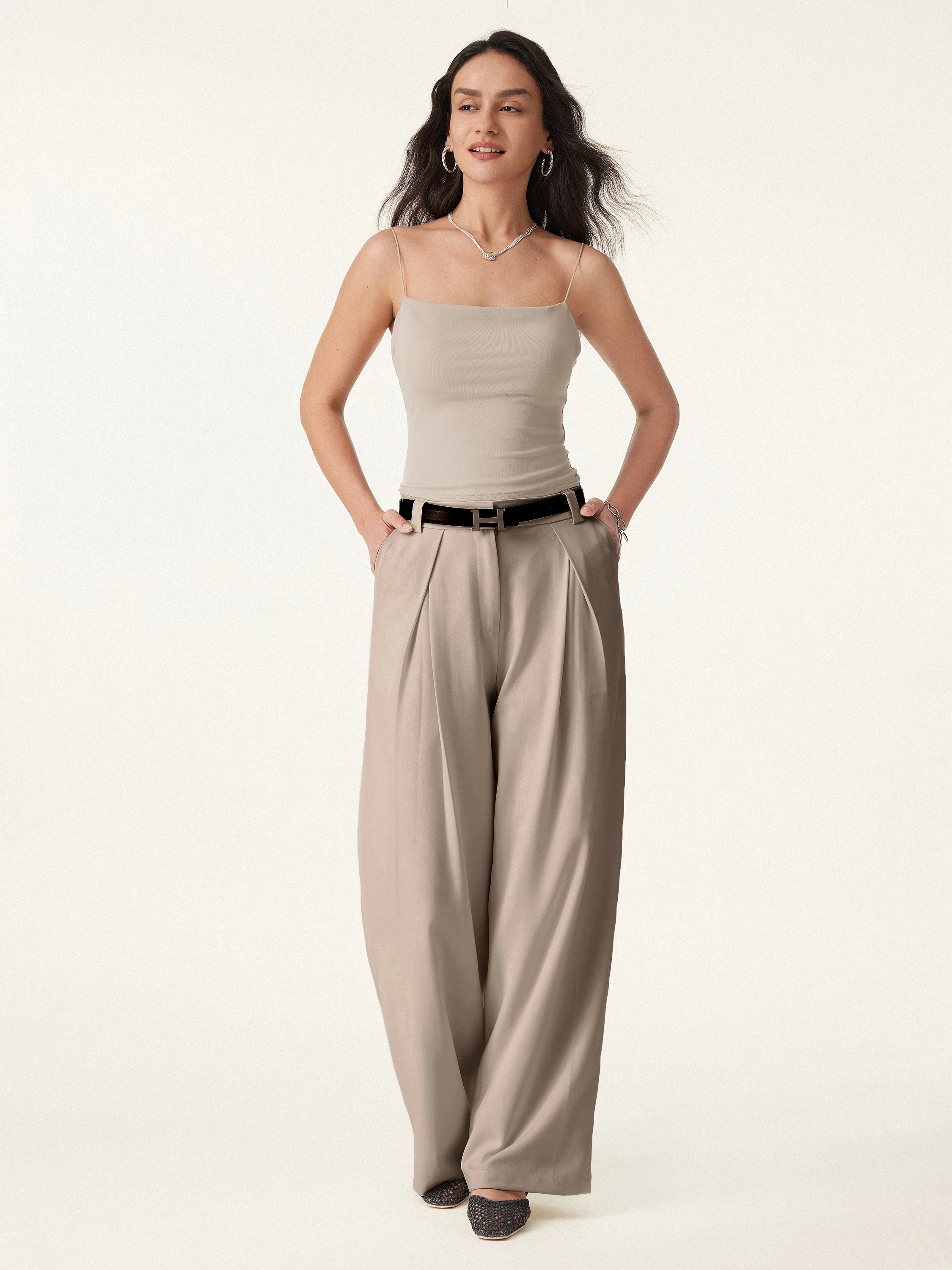 Tencel-Linen Pants Wrinkle-Free Tucked Wide Leg Trouser