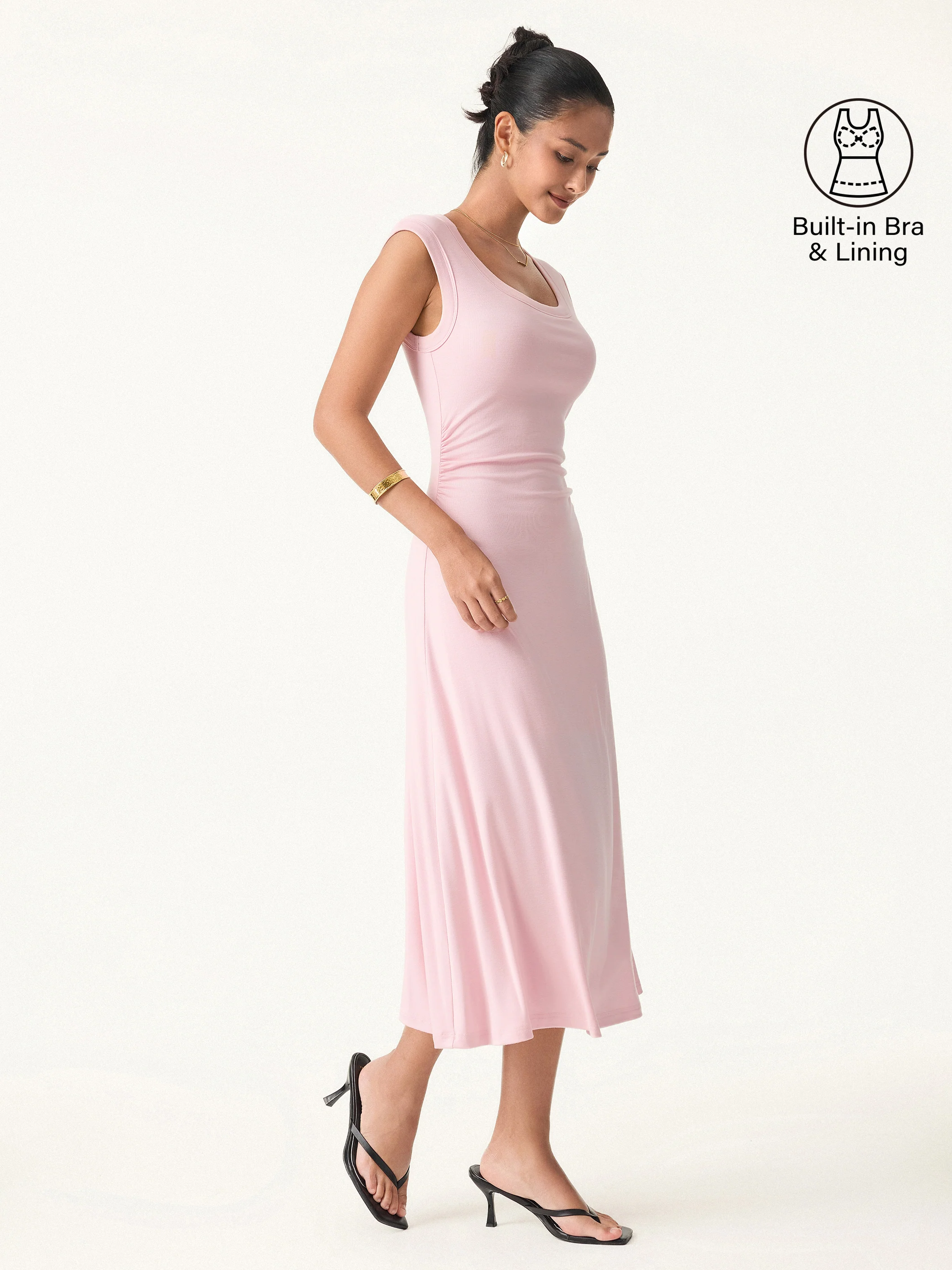 Scoop Neck Side Ruched New Airy Brami Midi Dress
