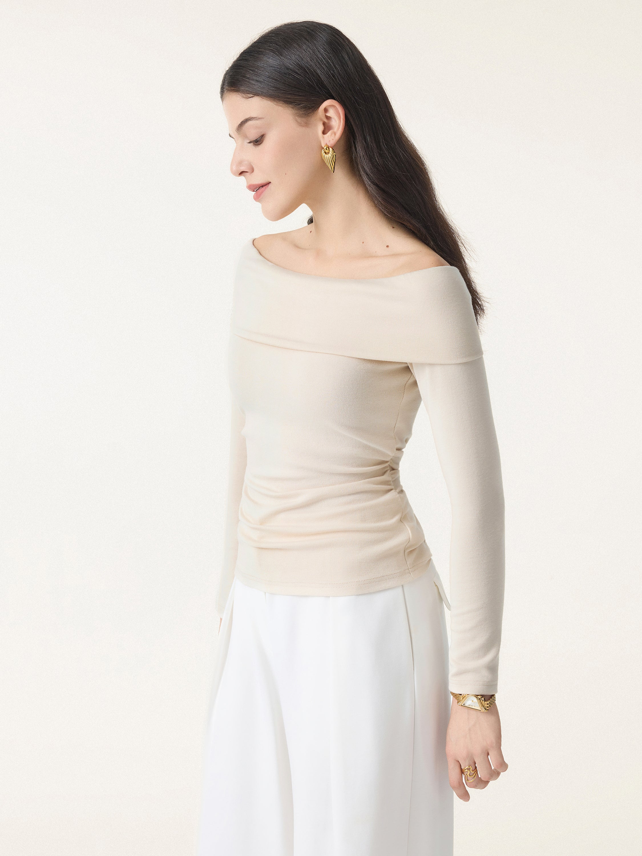 Off-the-Shoulder Long-Sleeve Side-Ruched Crop Top