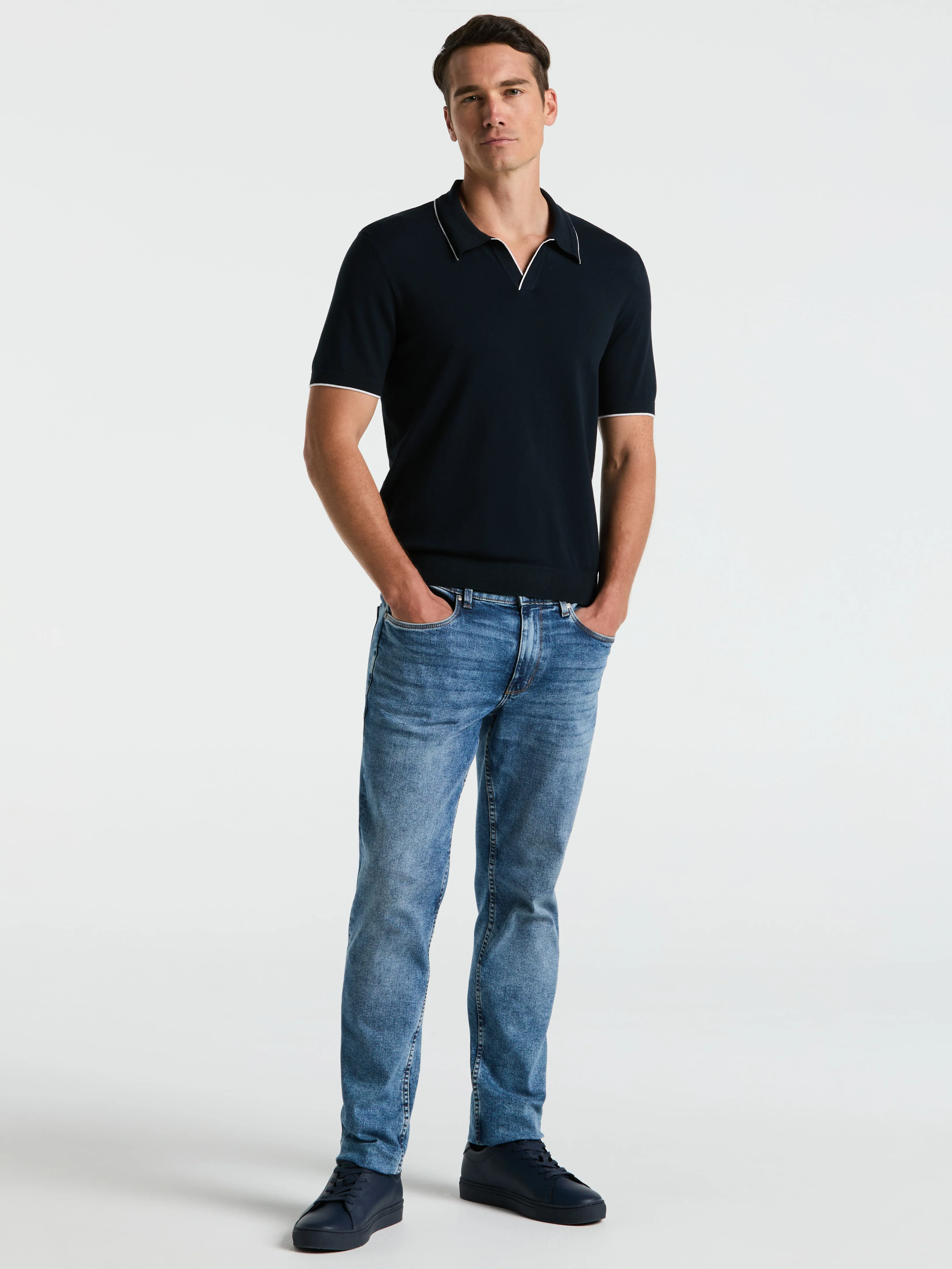 Tech Knit Open Polo Sweater with Tipping Detail