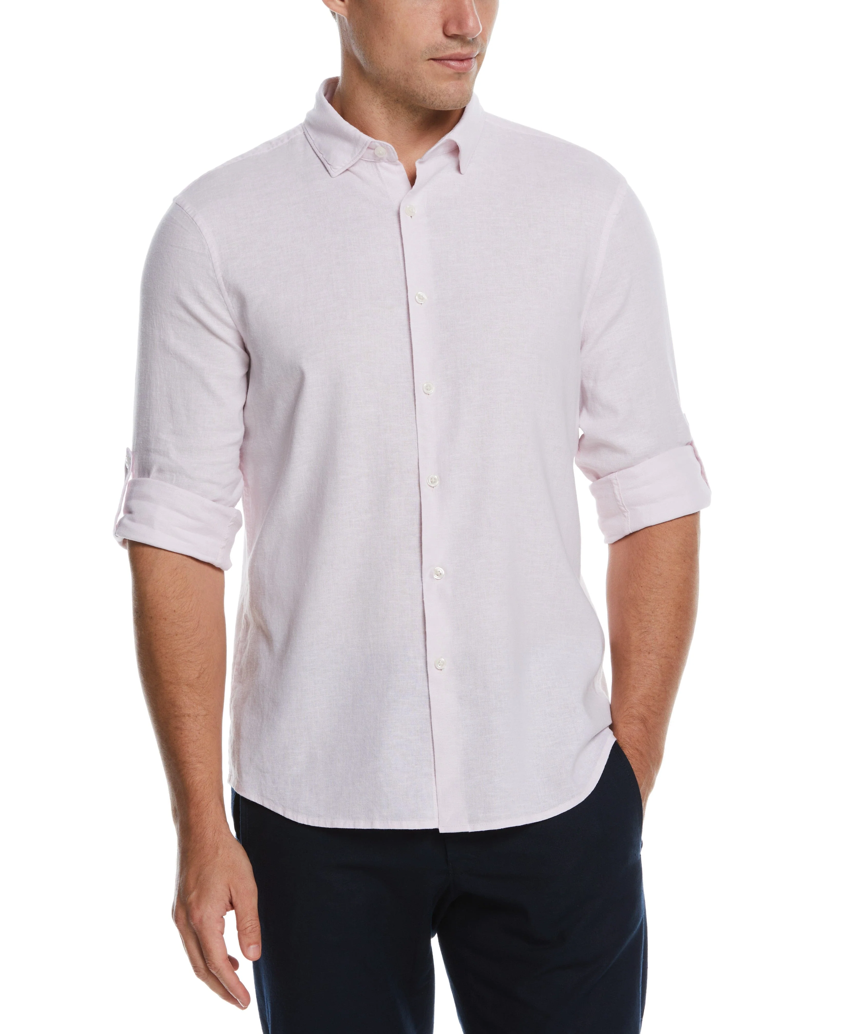 Untucked Slim Fit  Linen Blend Rolled Sleeve Shirt