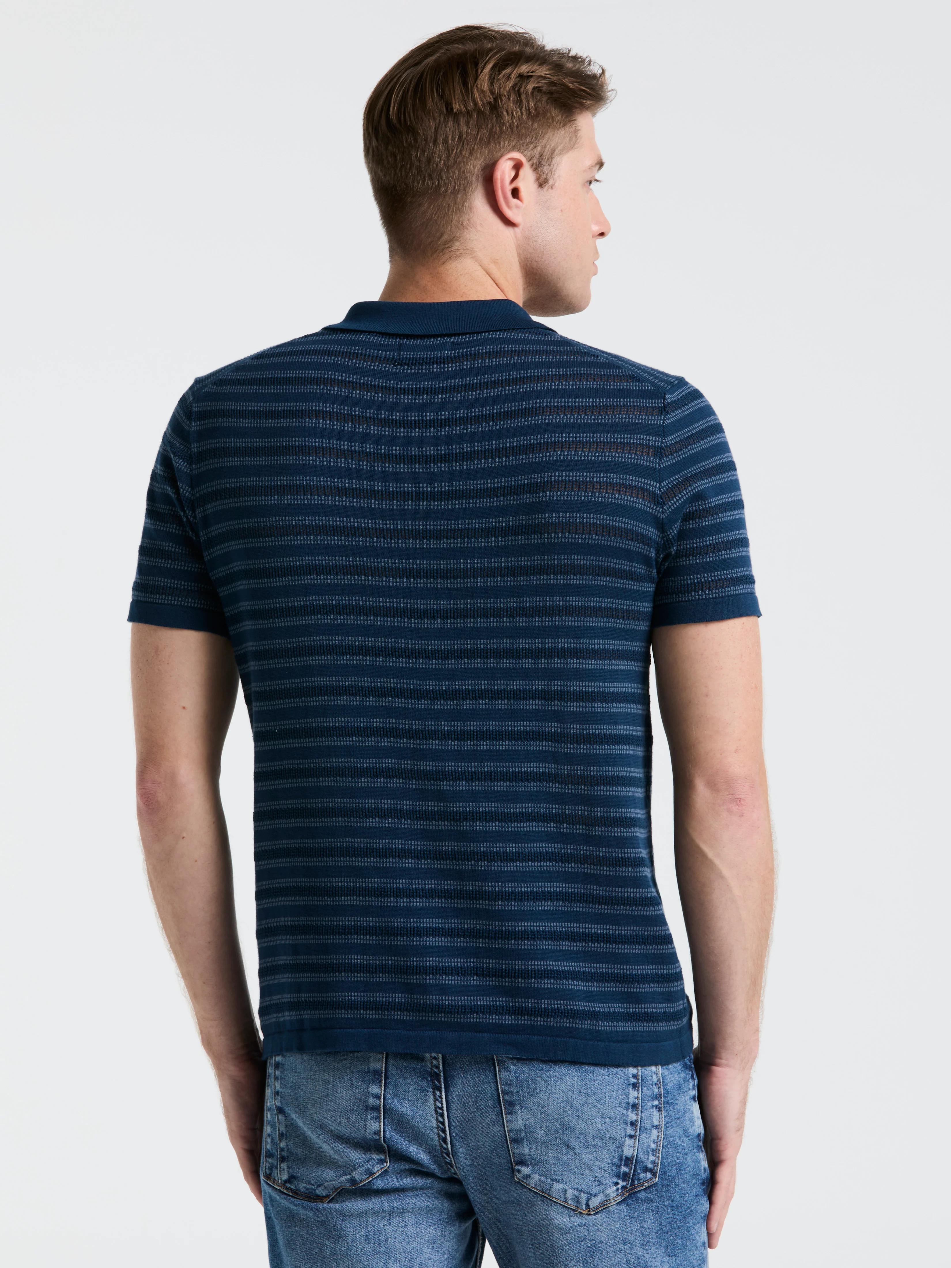 Button-Front Striped Polo Sweater