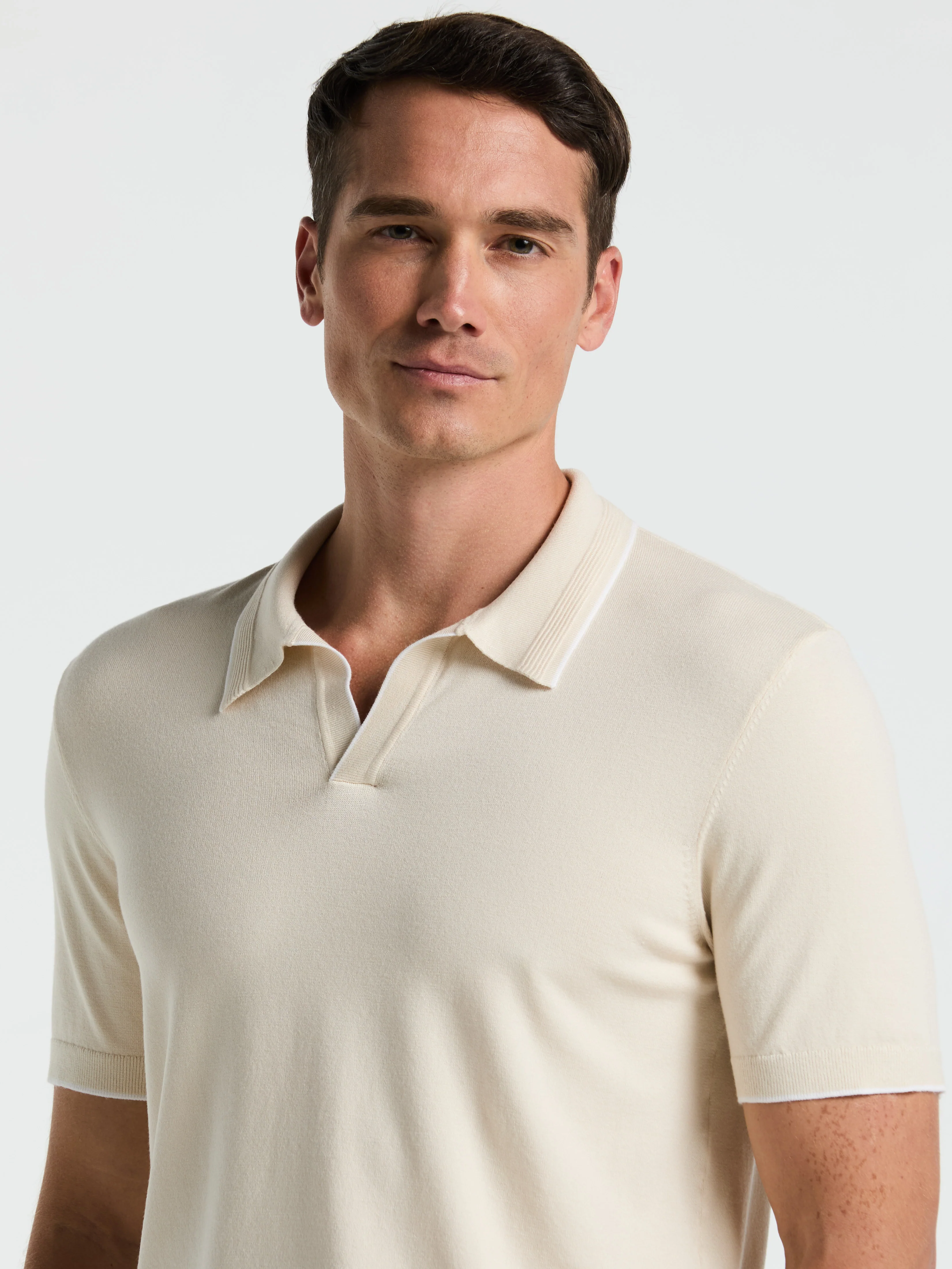 Tech Knit Open Polo Sweater with Tipping Detail