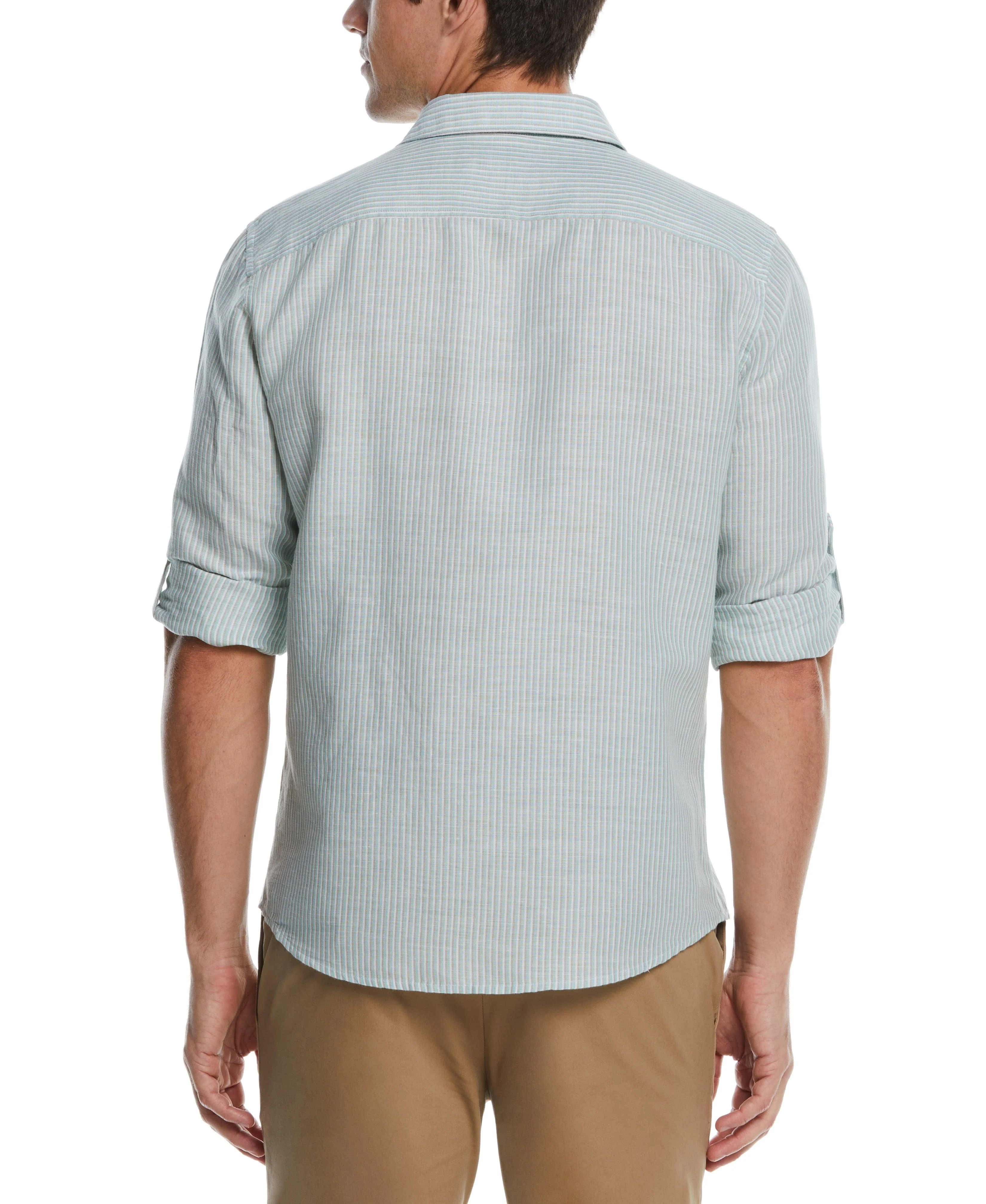 Untucked Roll Sleeve Linen Blend Stripe Shirt