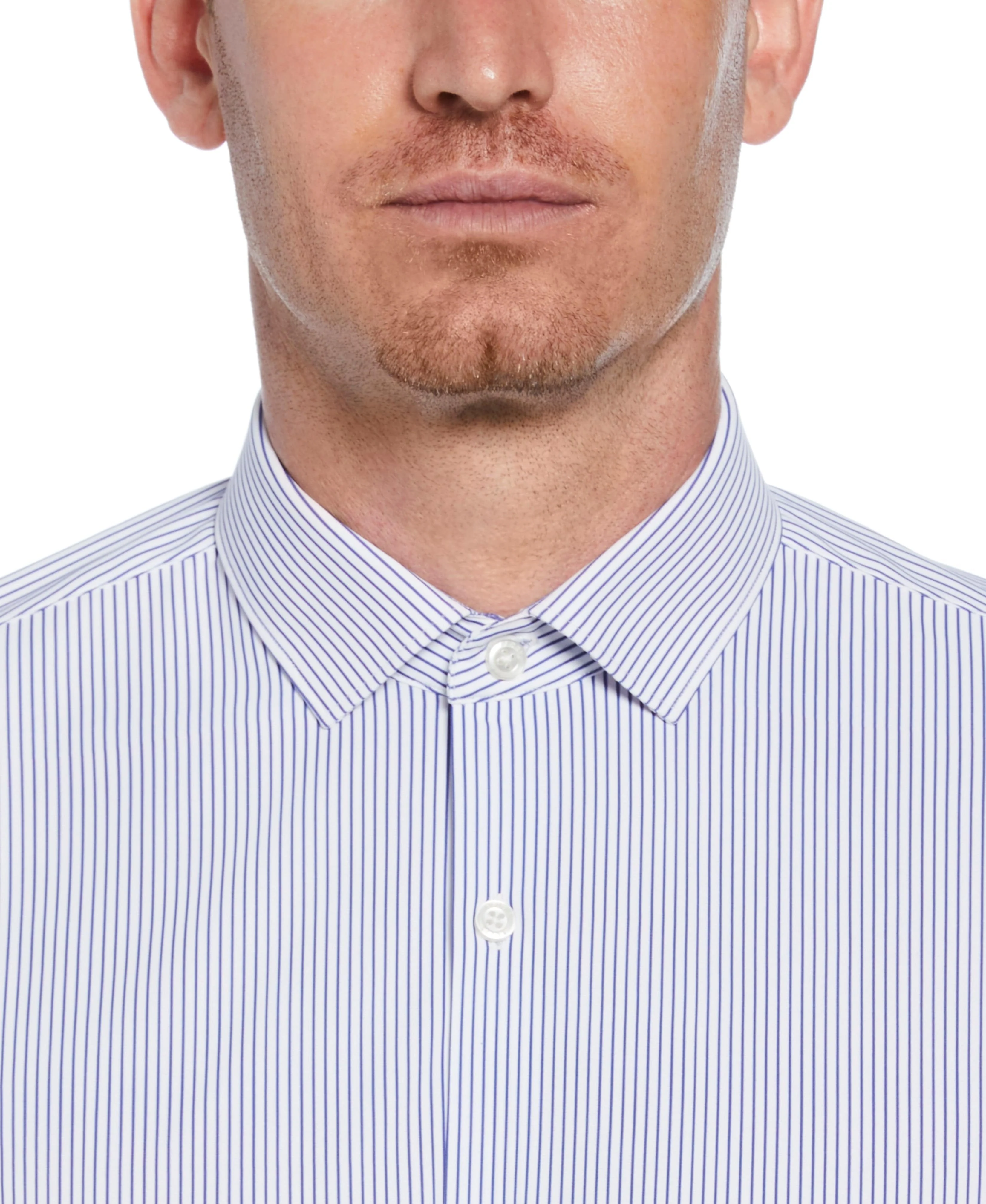Slim Fit Knit Navy and White Thin Stripe Dress Shirt