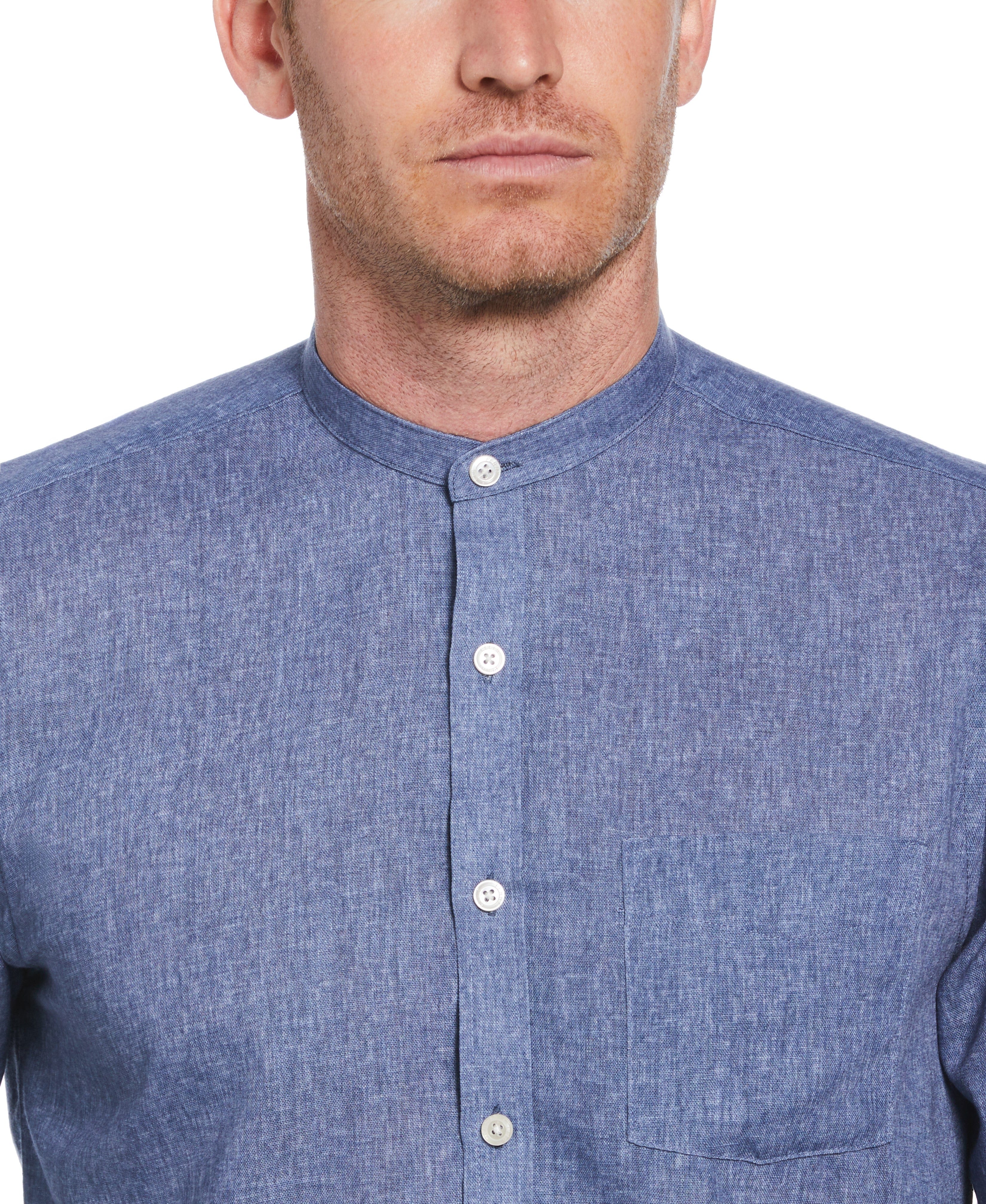 Slim Fit Banded Collar Rolled Sleeve Shirt