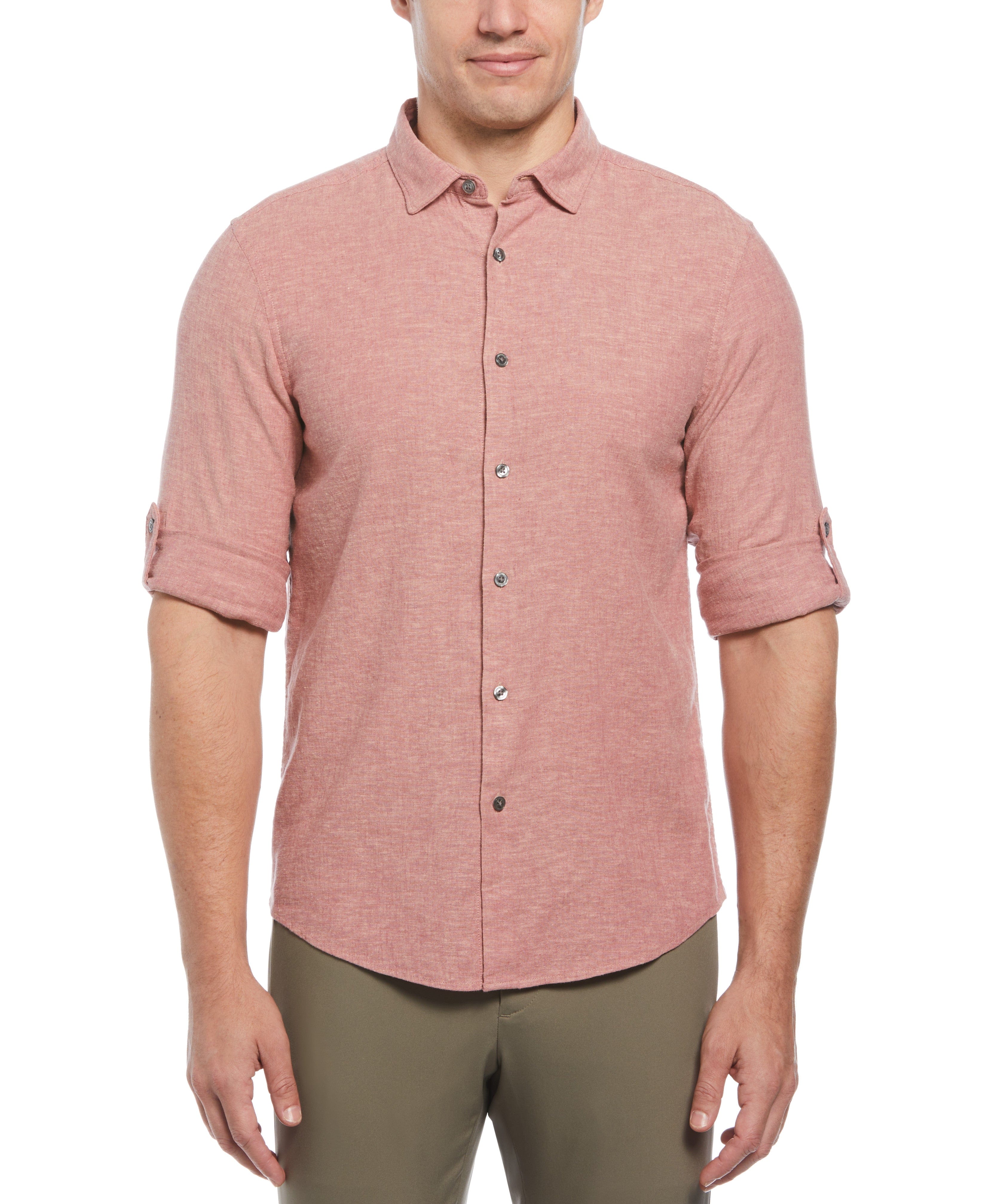 Untucked Slim Fit  Linen Blend Rolled Sleeve Shirt - Red