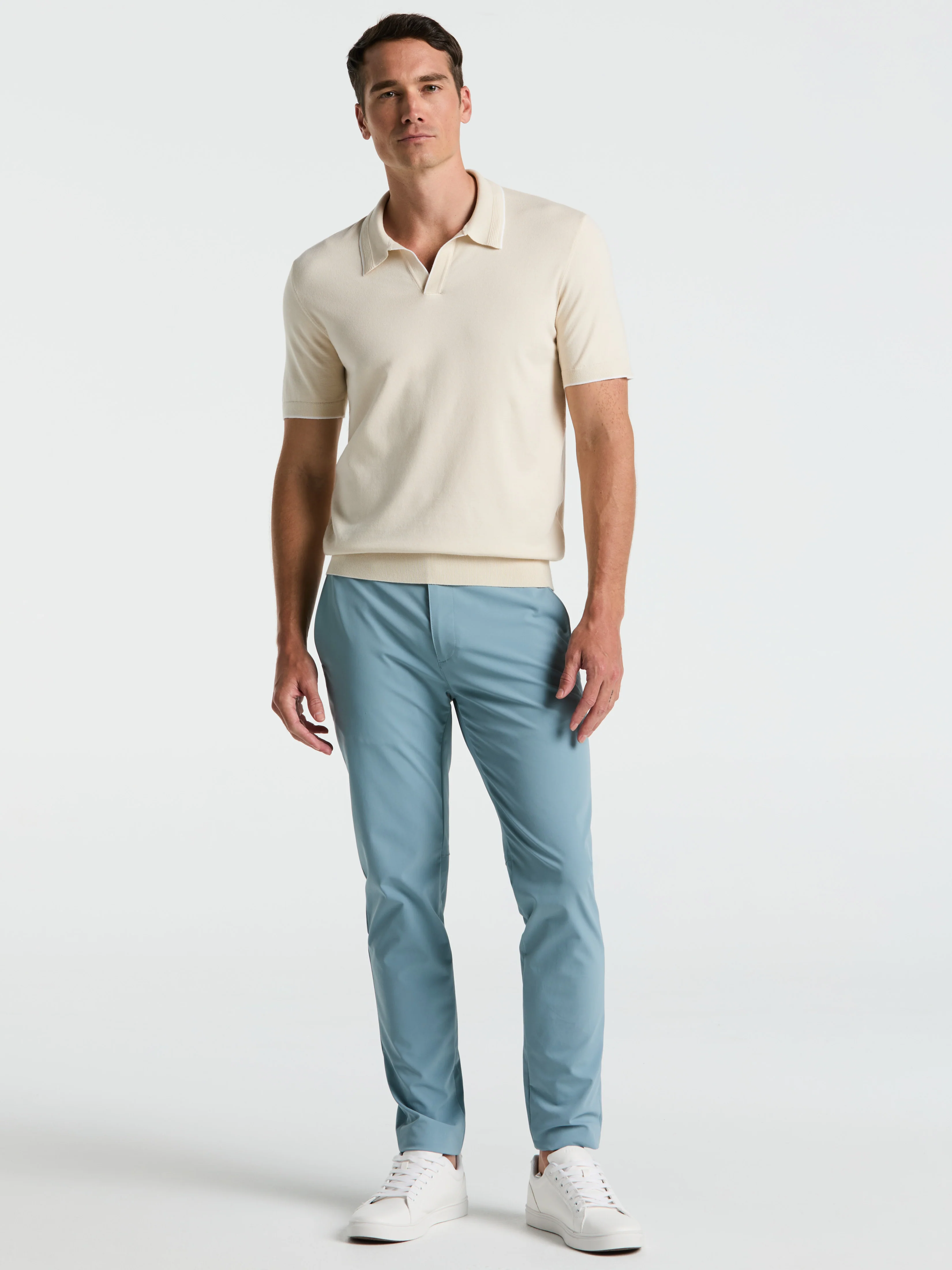 Tech Knit Open Polo Sweater with Tipping Detail