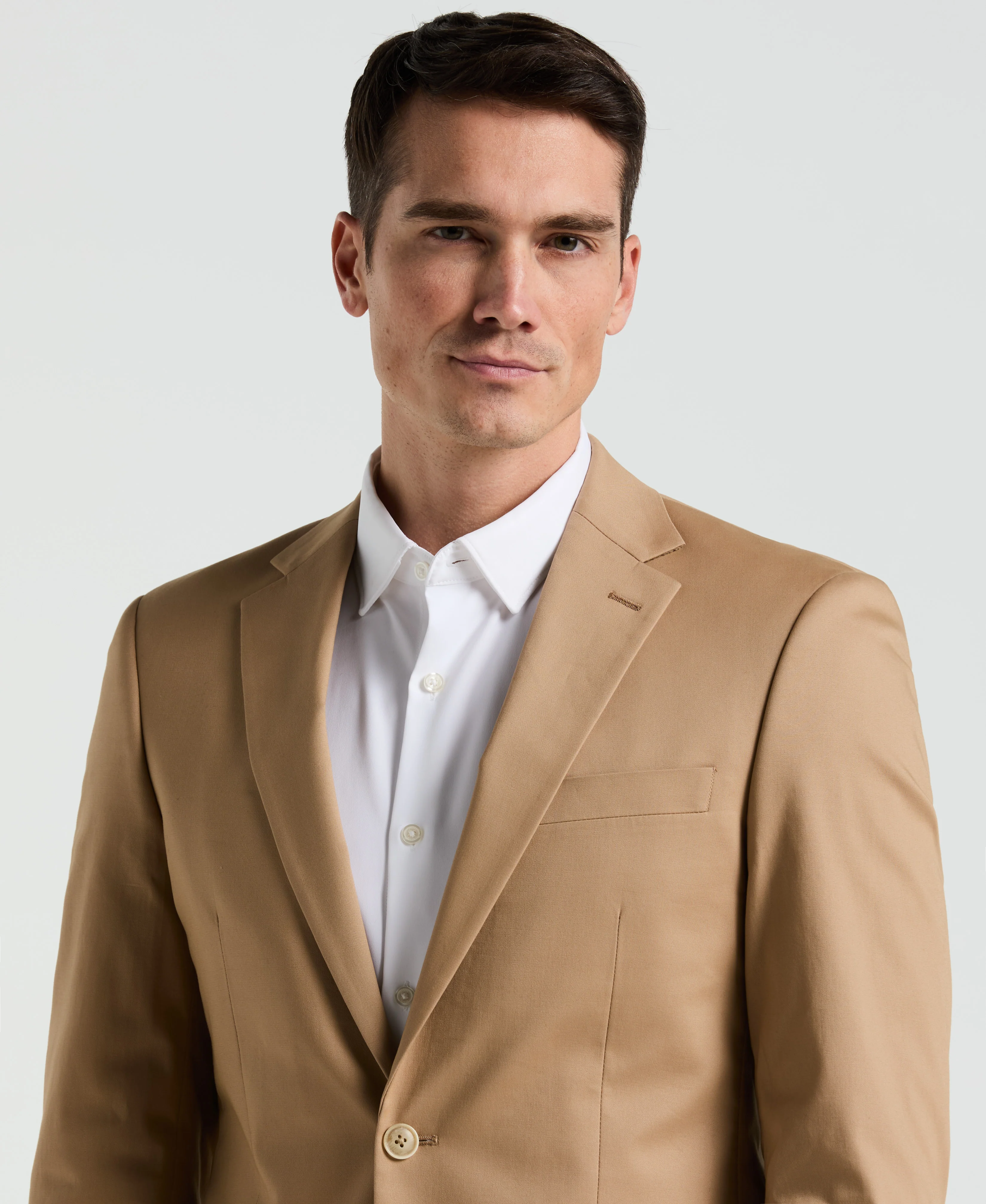 Slim Fit Tan Solid Cotton Blend Suit