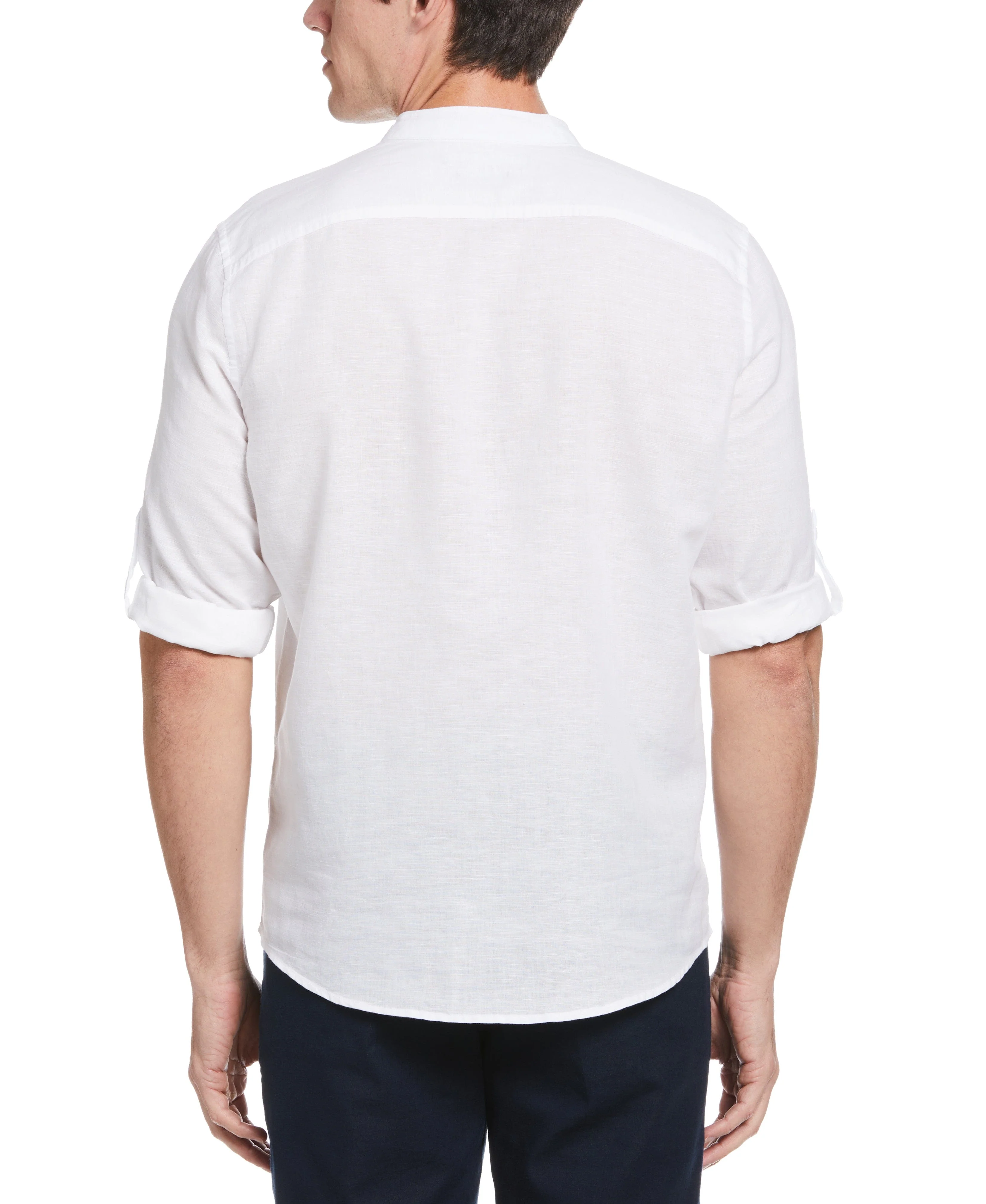 Untucked Roll Sleeve Linen Blend Banded Collar Popover Shirt