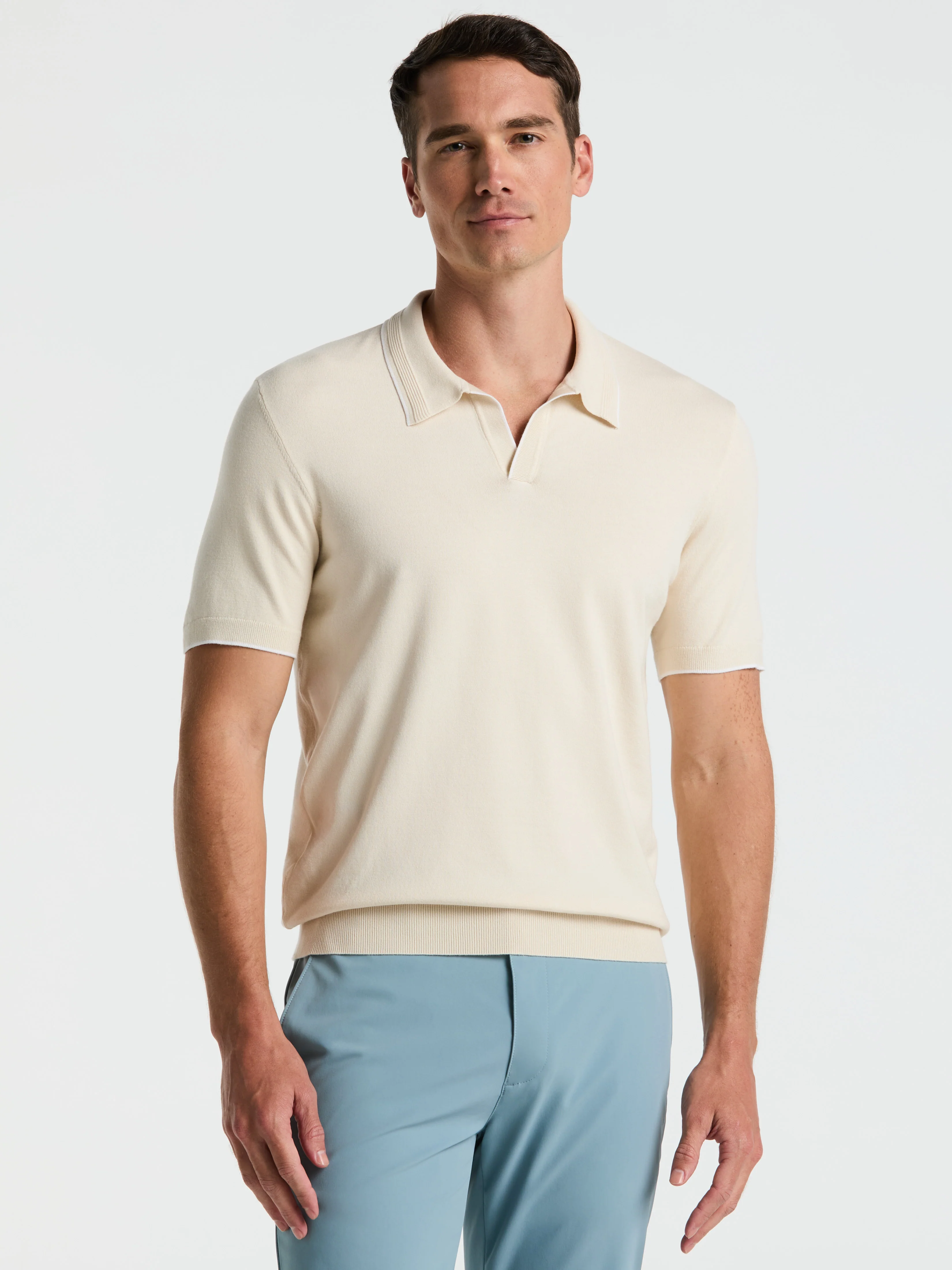 Tech Knit Open Polo Sweater with Tipping Detail