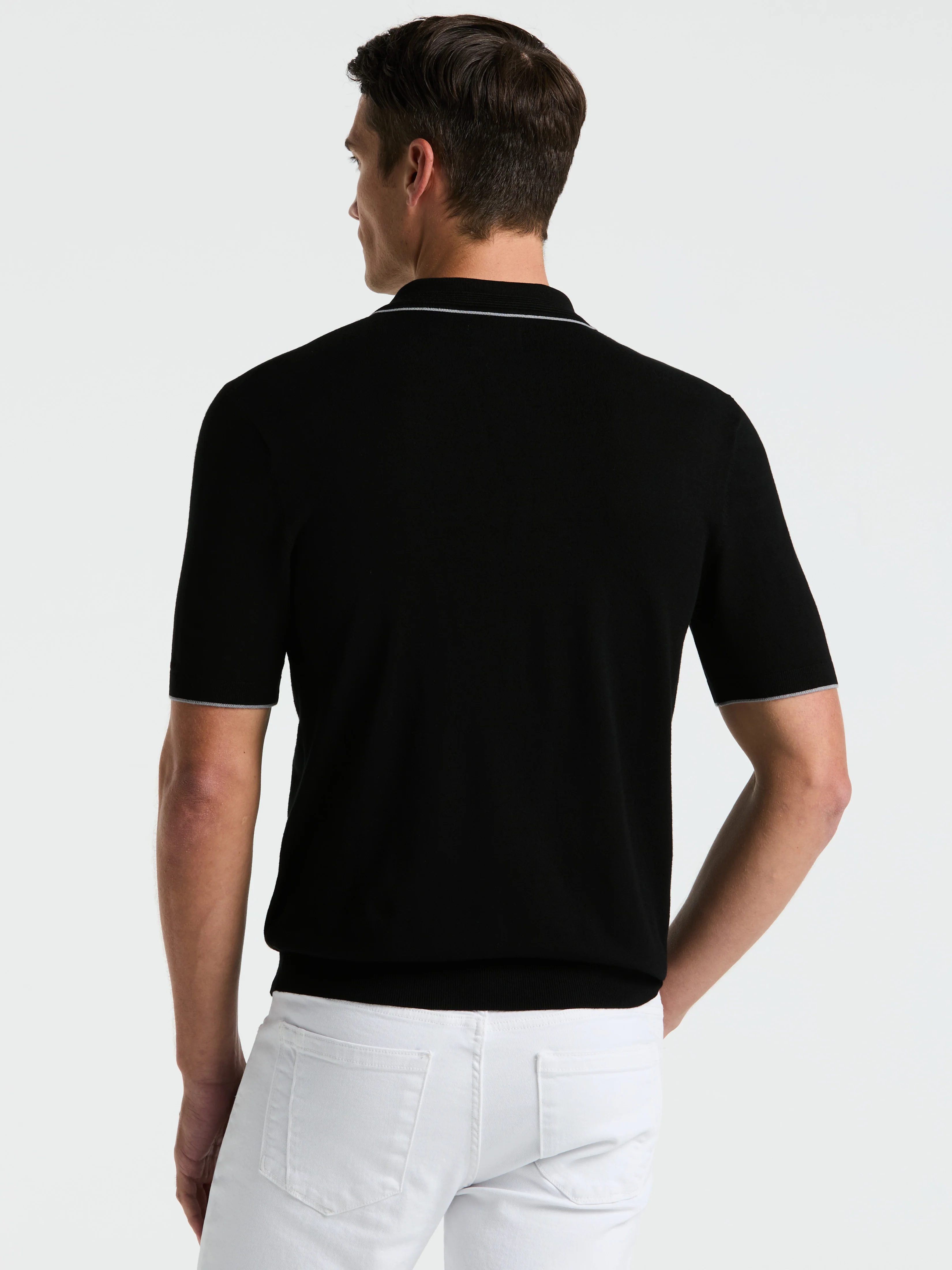 Tech Knit Open Polo Sweater with Tipping Detail