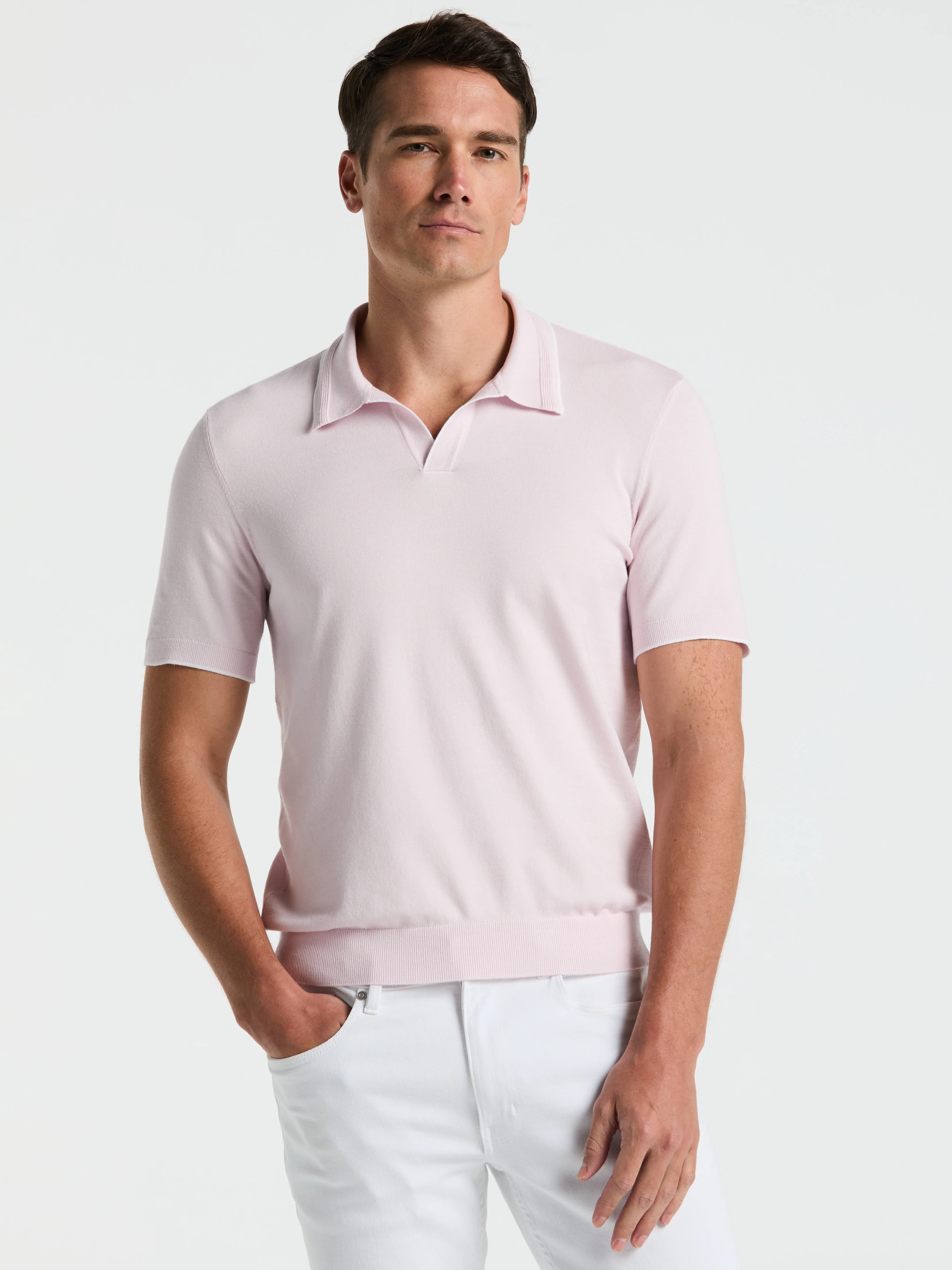 Tech Knit Open Polo Sweater with Tipping Detail