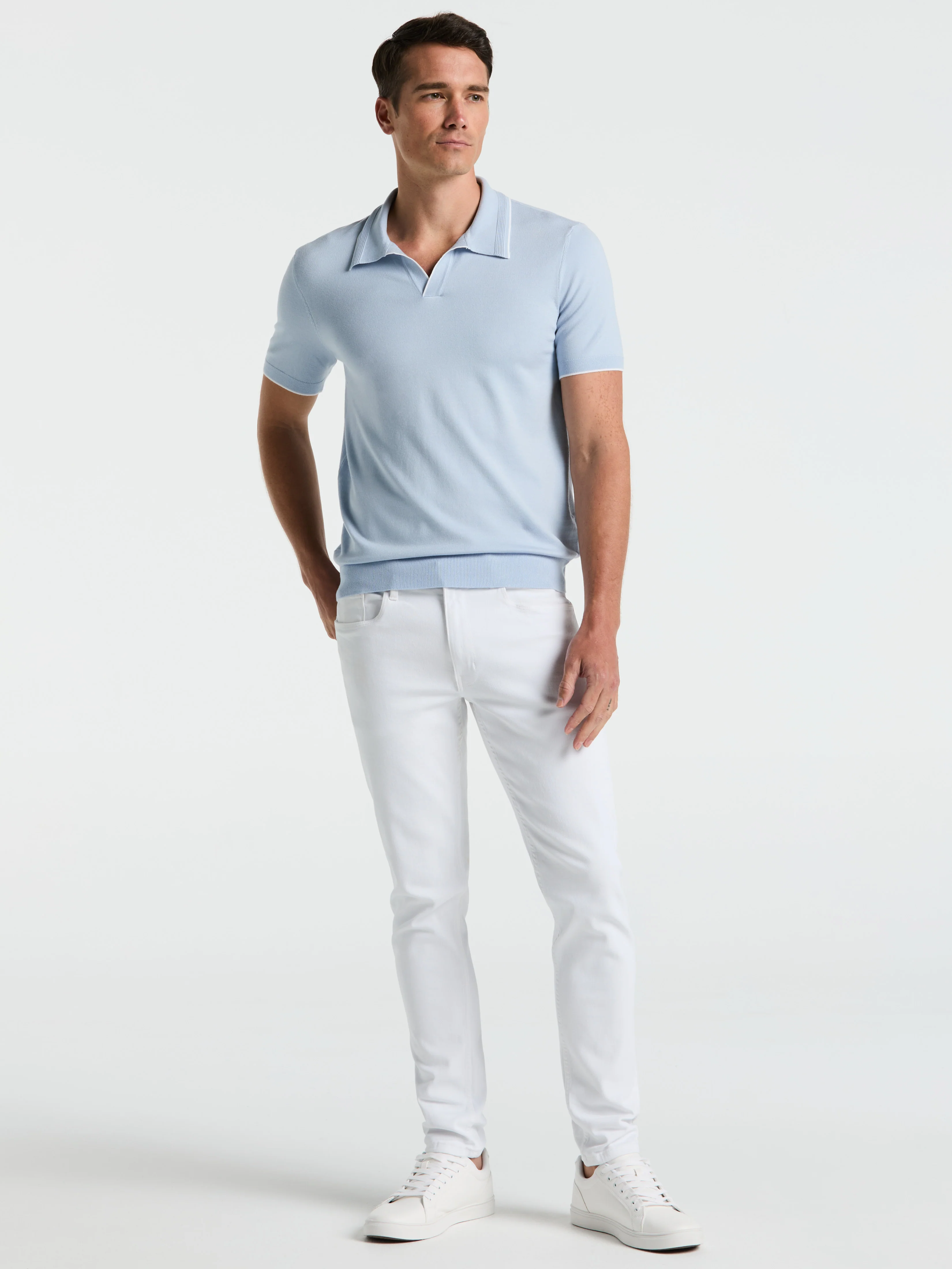 Tech Knit Open Polo Sweater with Tipping Detail