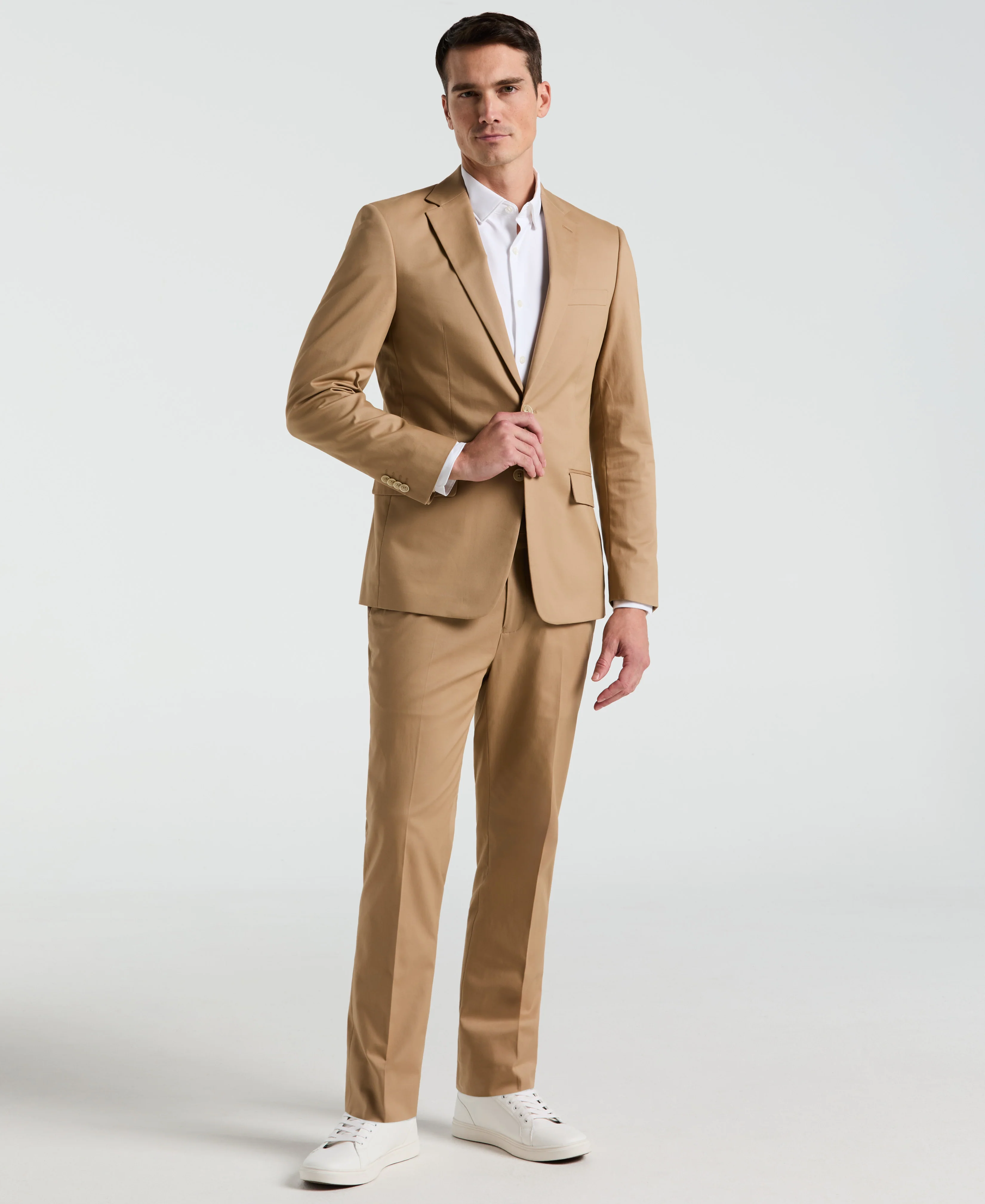 Slim Fit Tan Solid Cotton Blend Suit