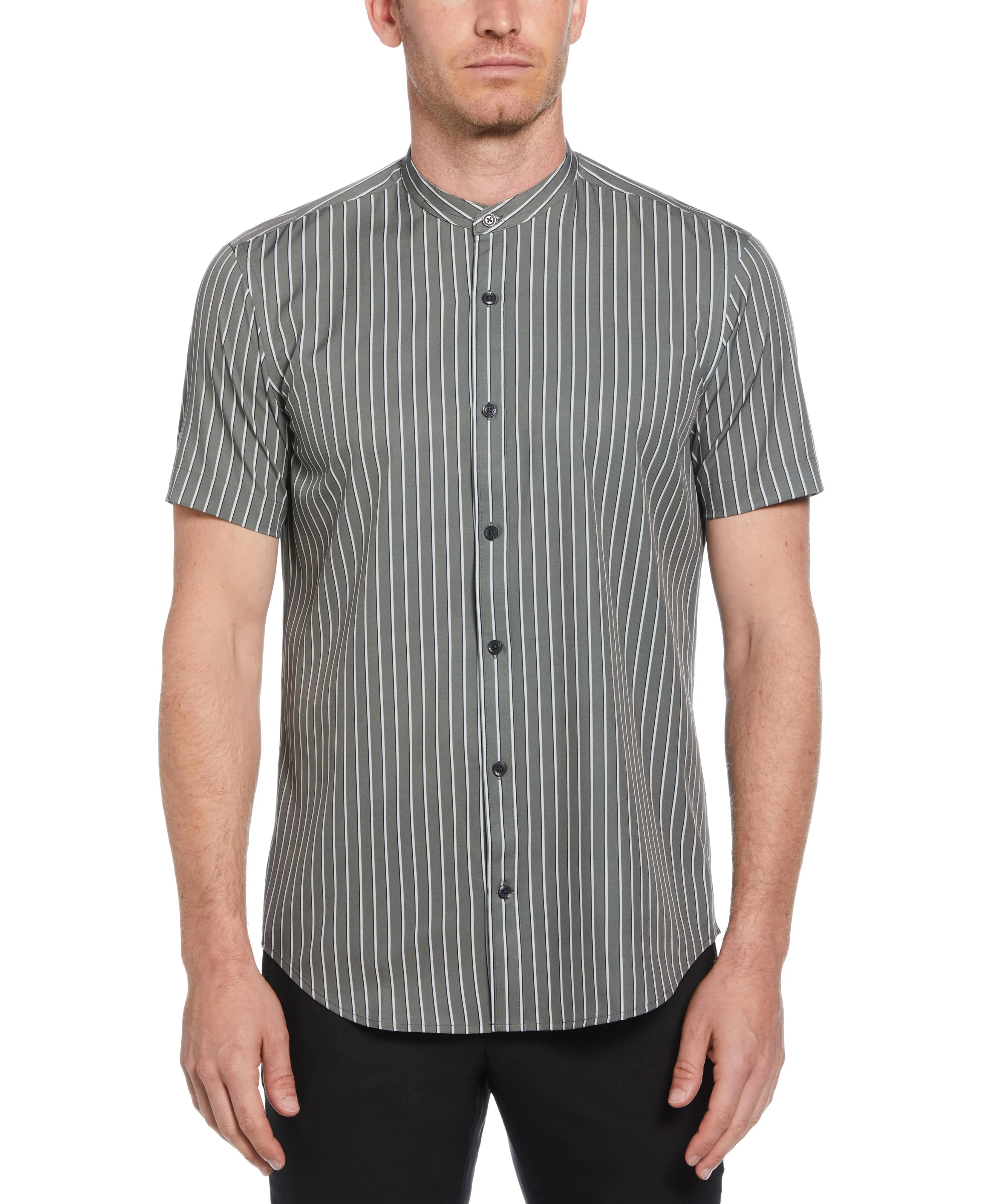 Slim Fit Band Collar Tri-Stripe Shirt