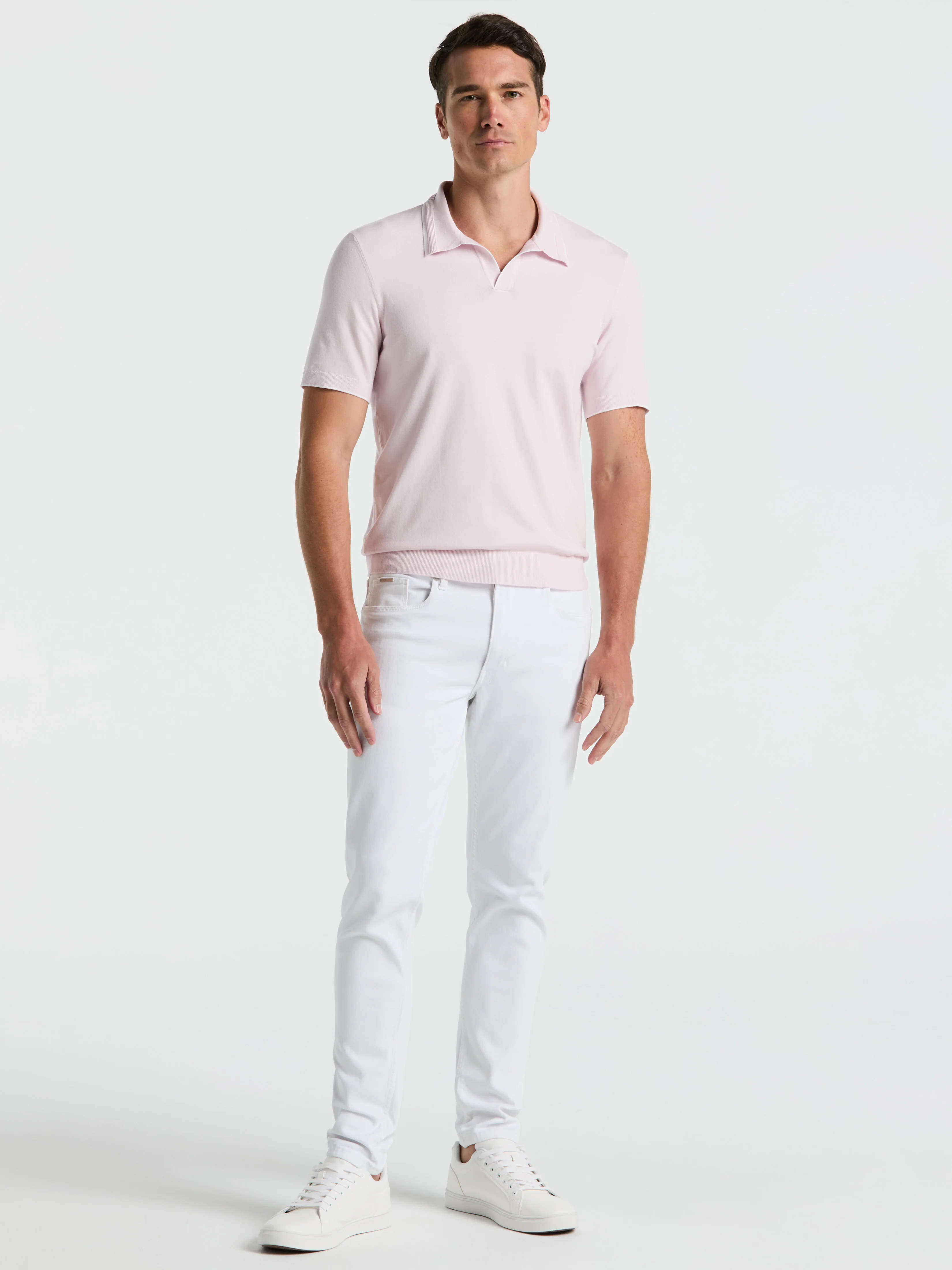 Tech Knit Open Polo Sweater with Tipping Detail