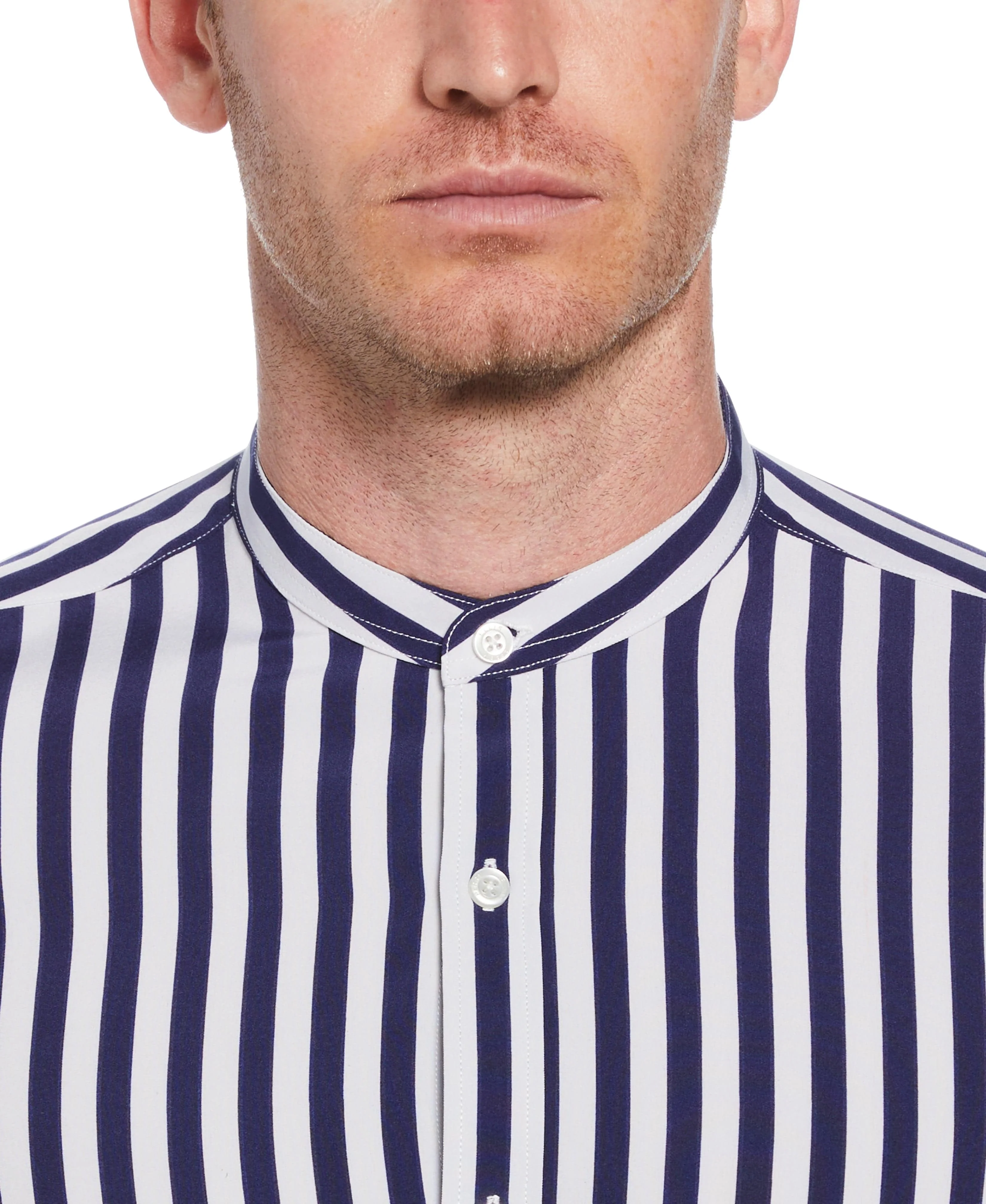 Slim Fit Single Stripe Banded Collar Shirt