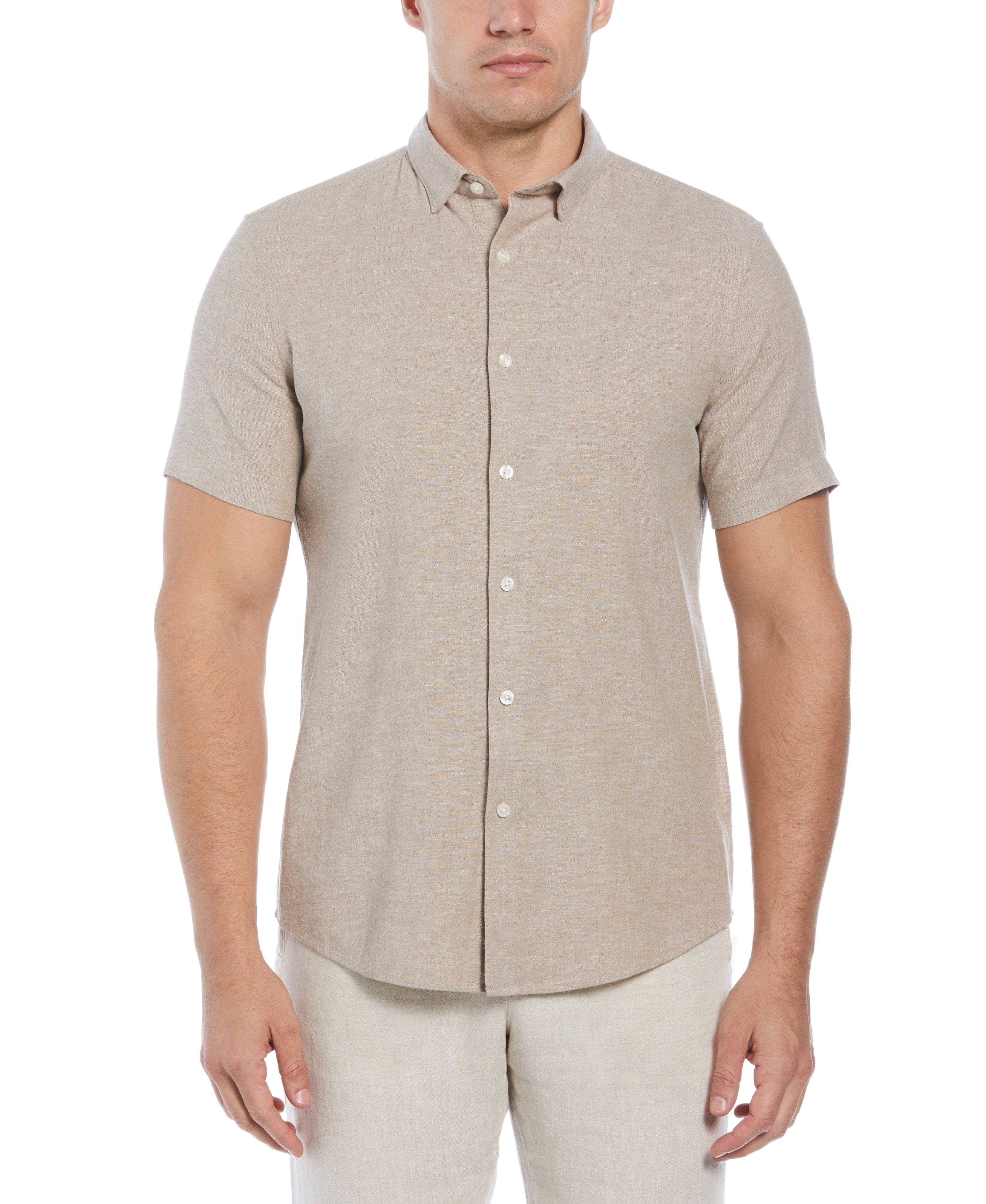 Untucked Slim Fit Linen Blend Heather Shirt - Beige