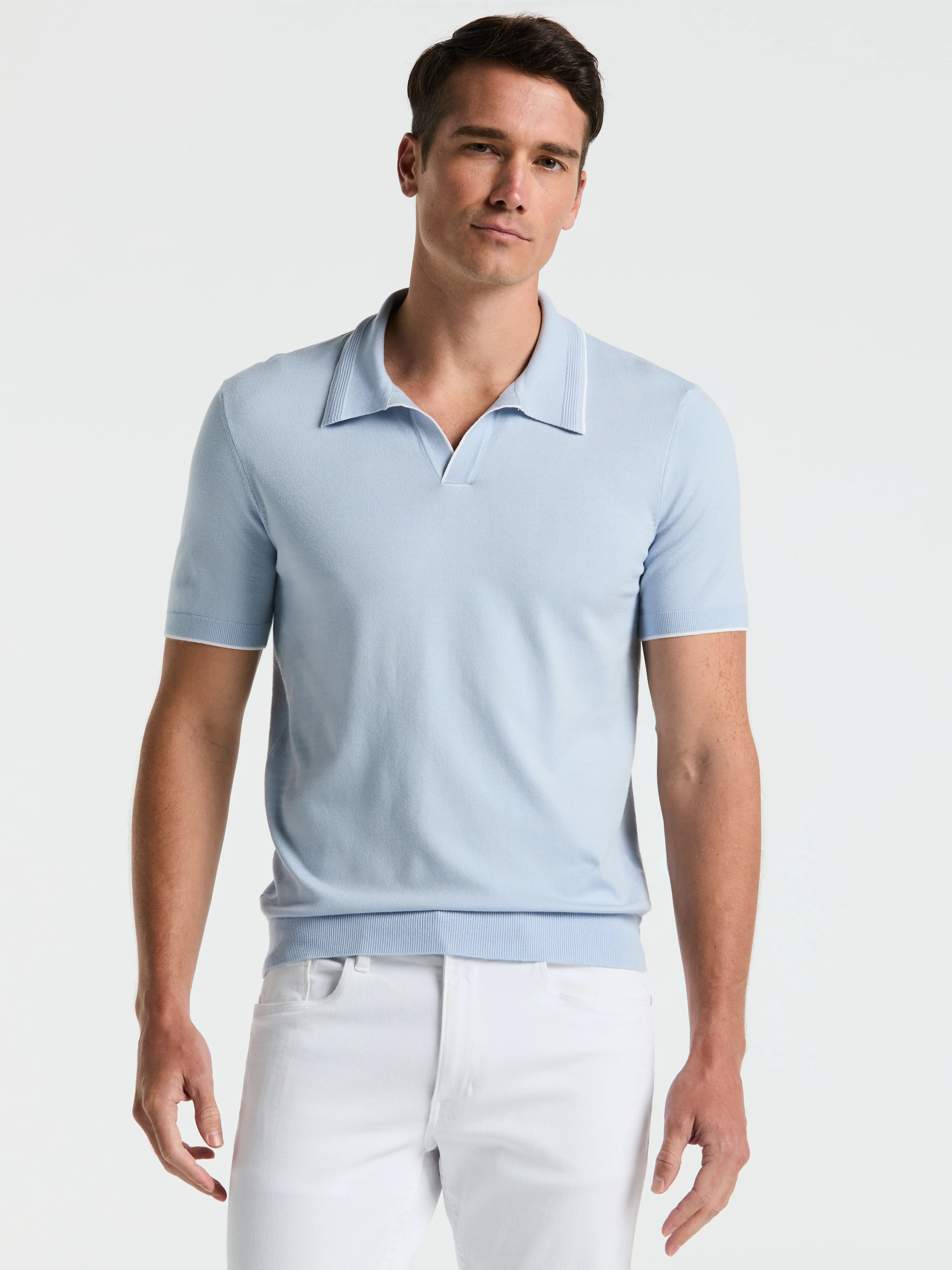 Tech Knit Open Polo Sweater with Tipping Detail