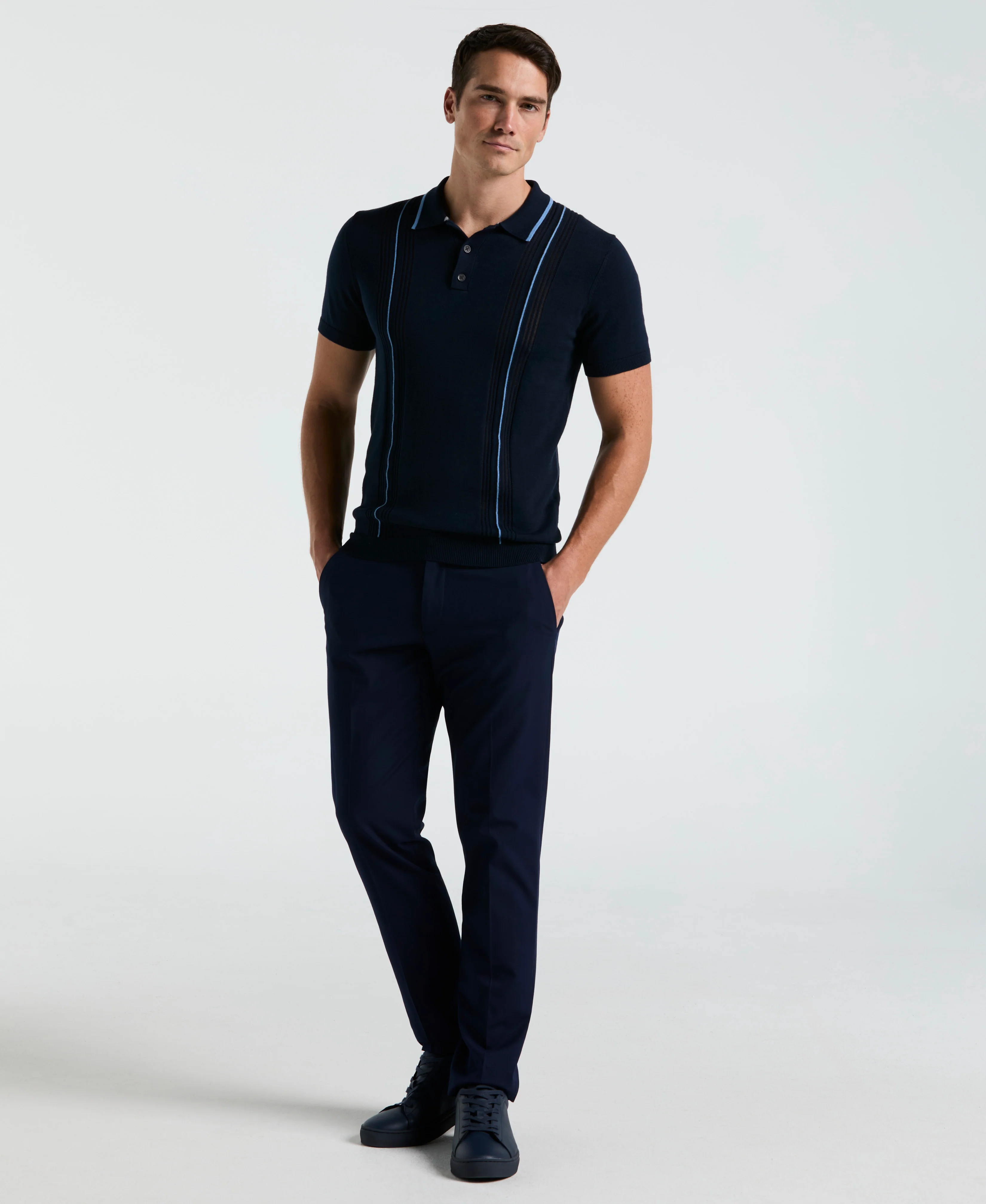 Cotton Mesh Vertical Stripe Print Button Polo