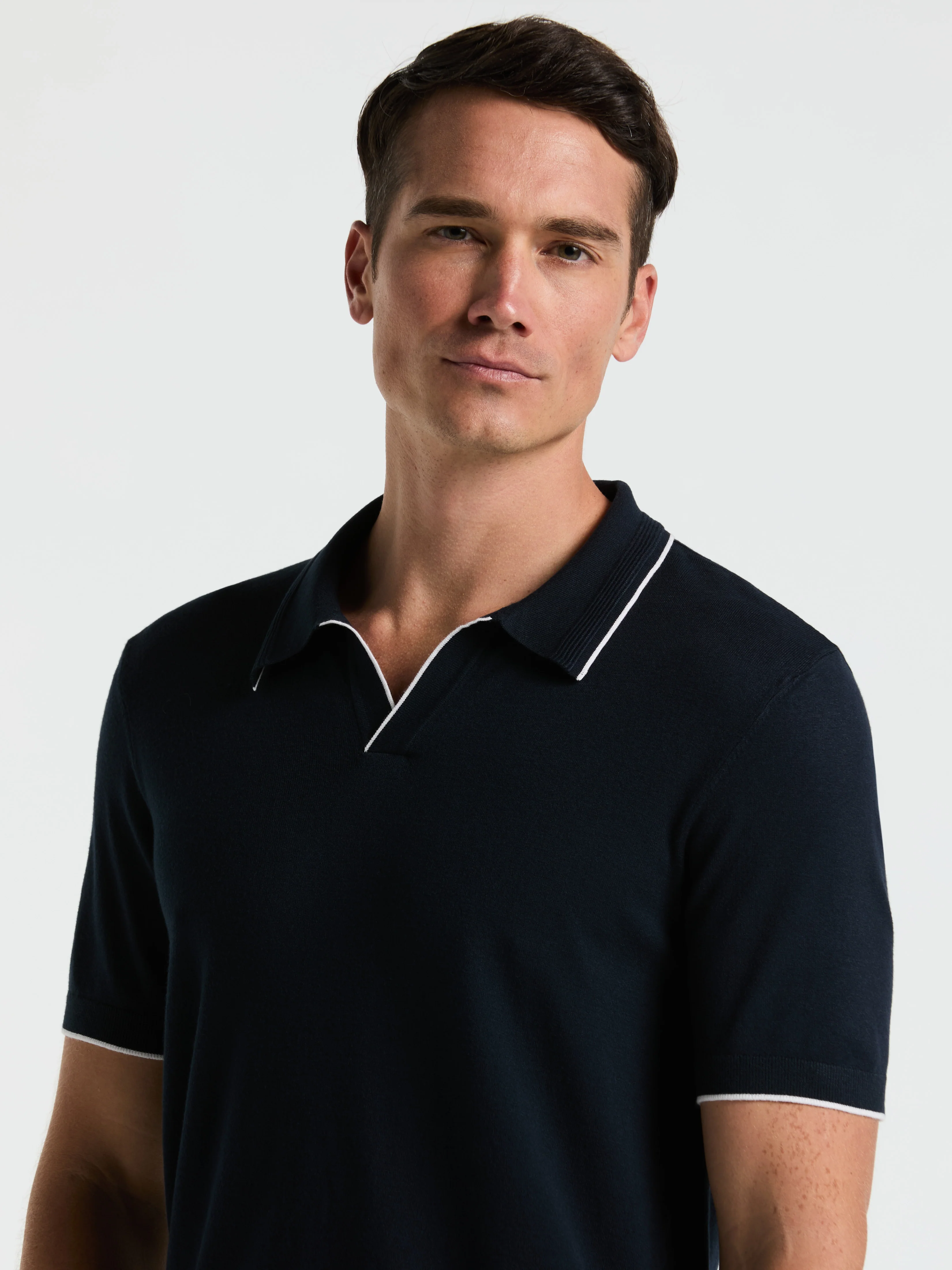 Tech Knit Open Polo Sweater with Tipping Detail