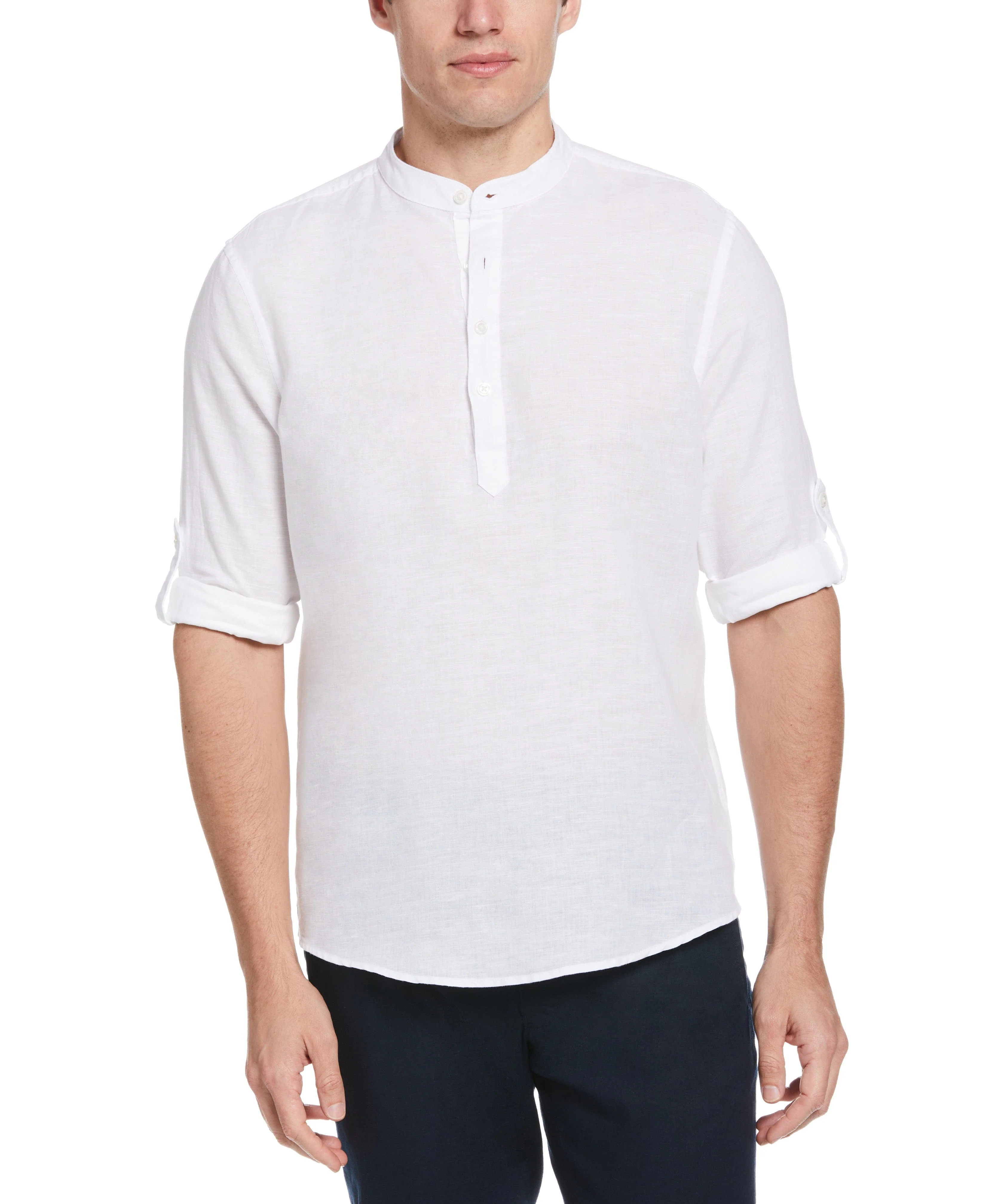 Untucked Roll Sleeve Linen Blend Banded Collar Popover Shirt