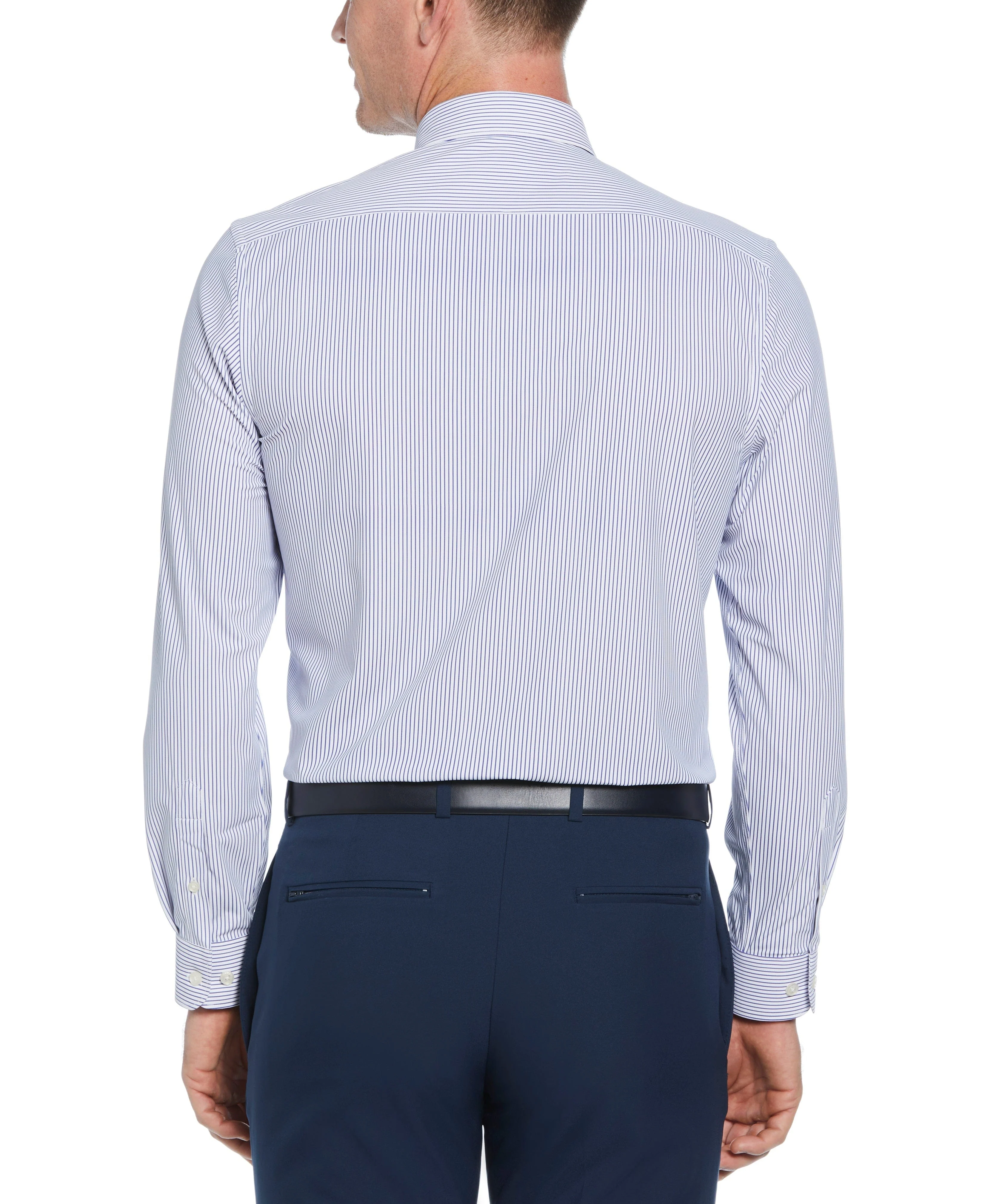 Slim Fit Knit Navy and White Thin Stripe Dress Shirt