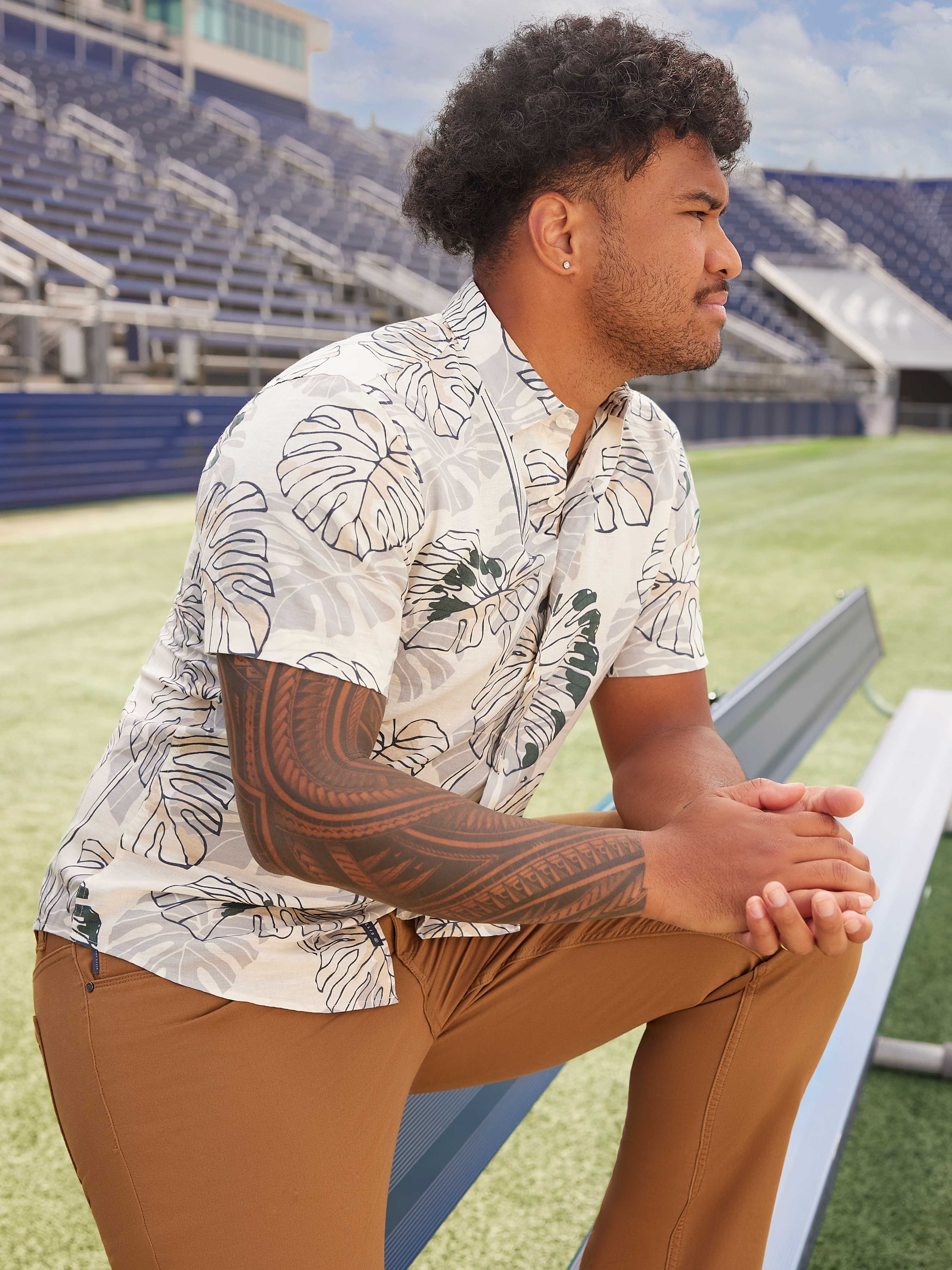 Tua X Perry Ellis Collaboration Bold Leaf Linen Blend Print Shirt