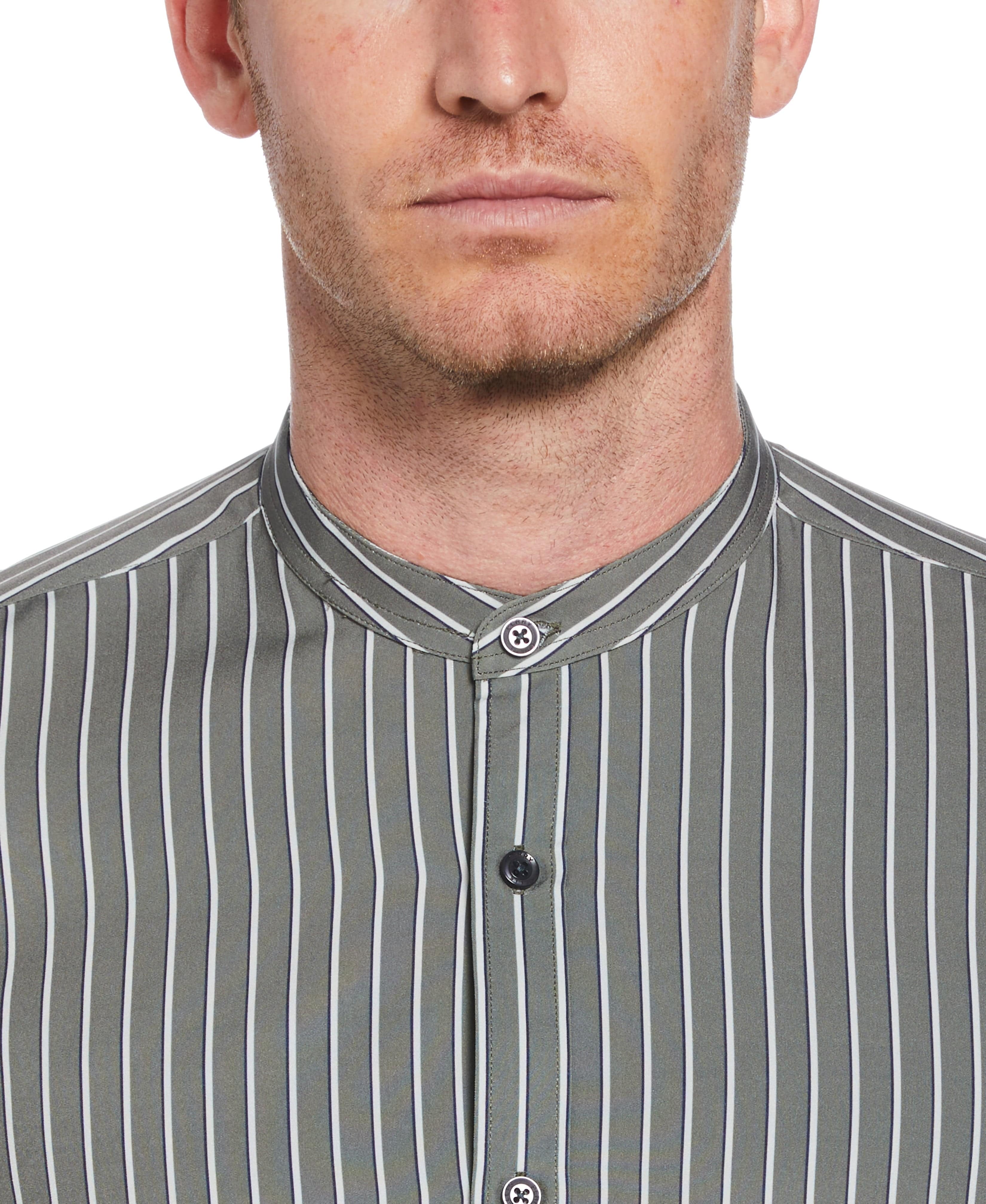 Slim Fit Band Collar Tri-Stripe Shirt
