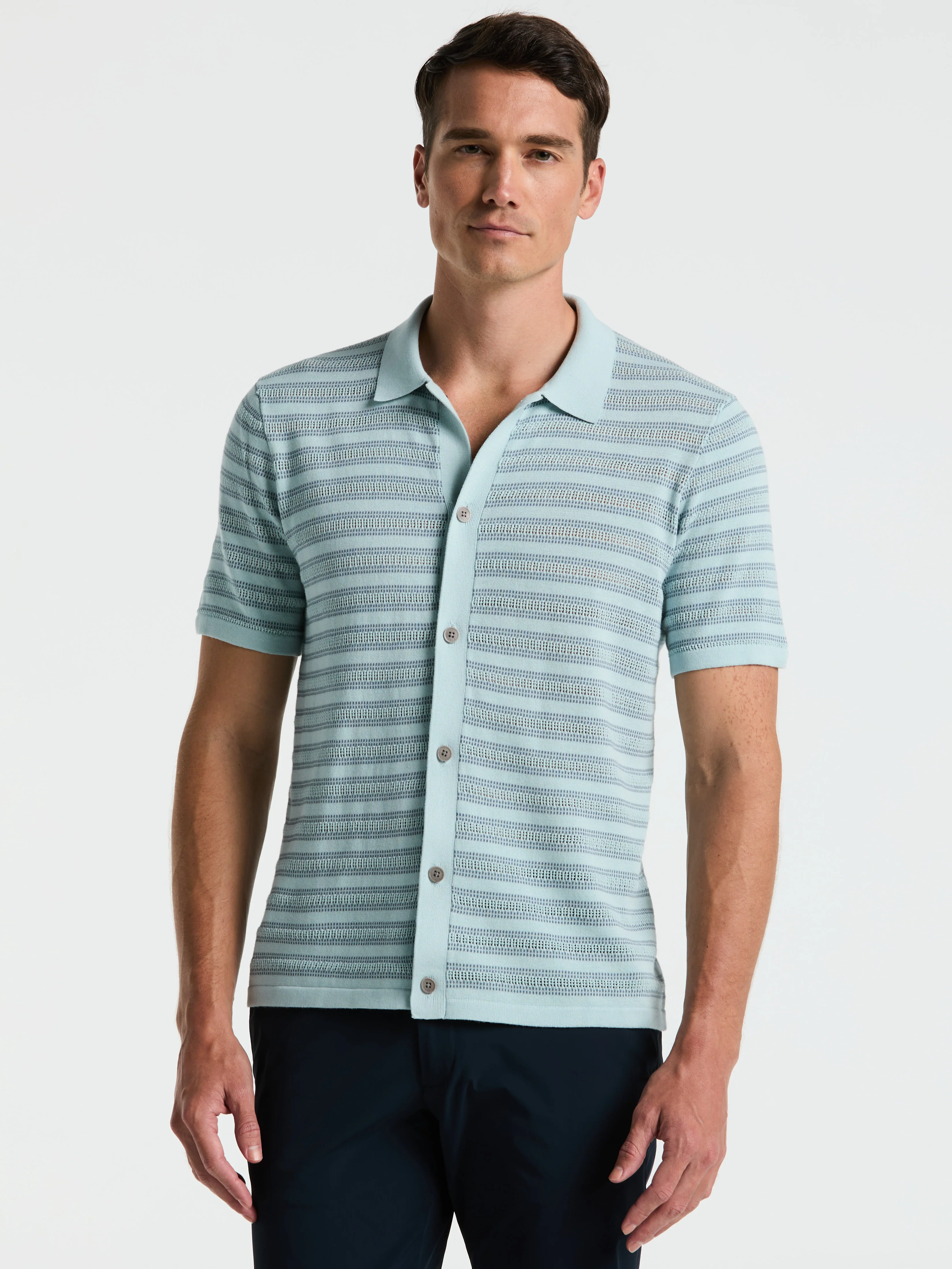 Button-Front Striped Polo Sweater