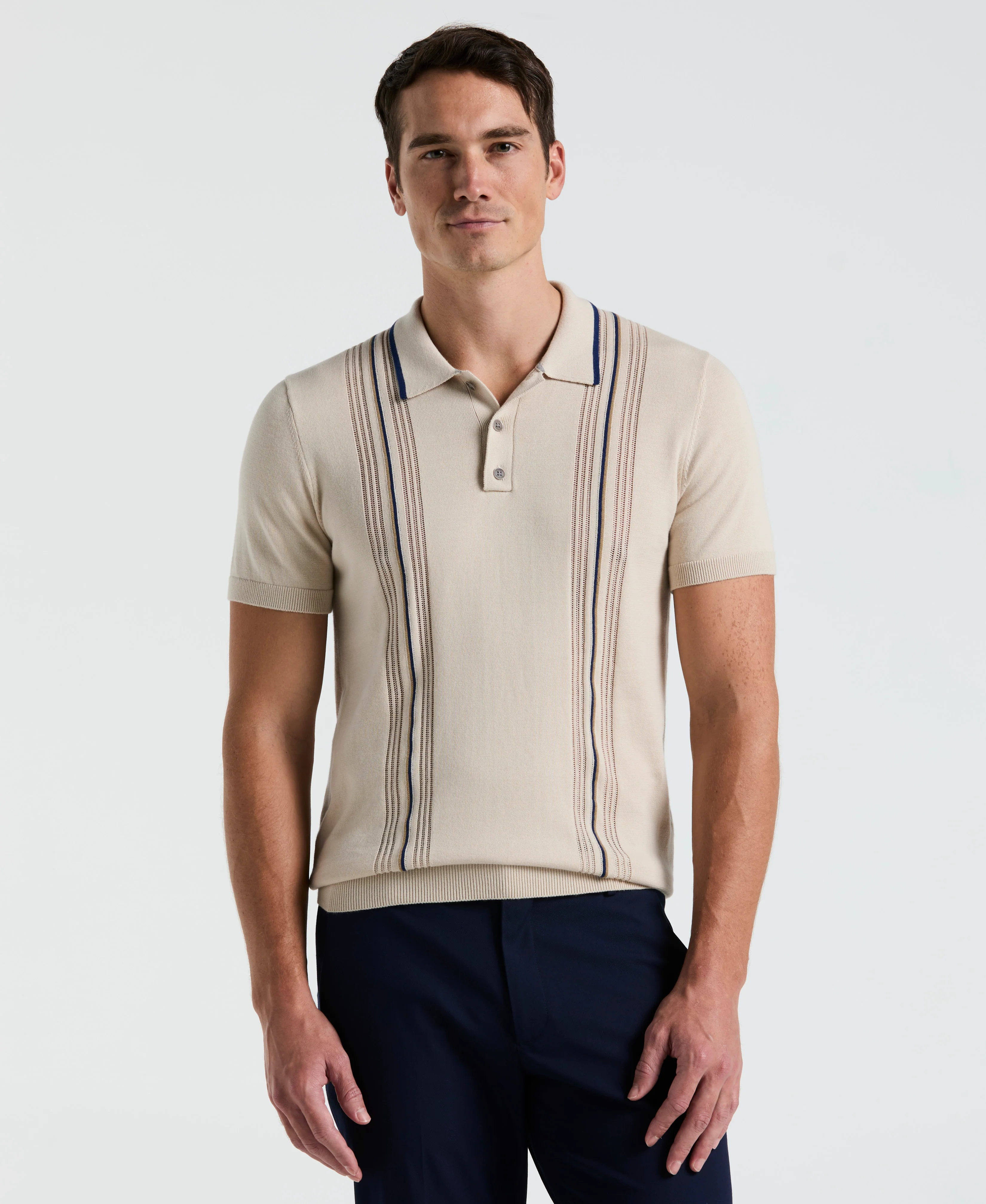 Cotton Mesh Vertical Stripe Print Button Polo